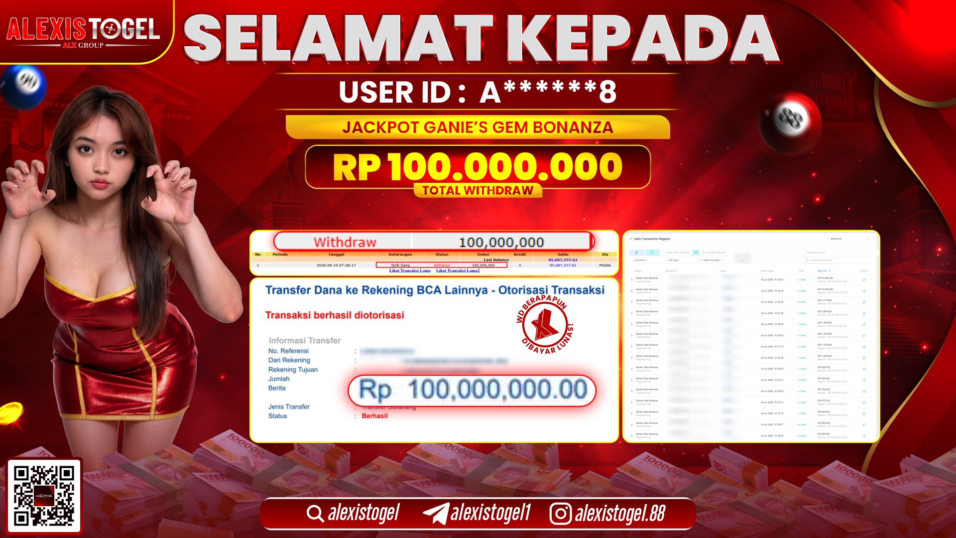 ALEXISTOGEL JACKPOT DI GANIE'S GEM BONANZA RP.100.000.000,- LUNAS