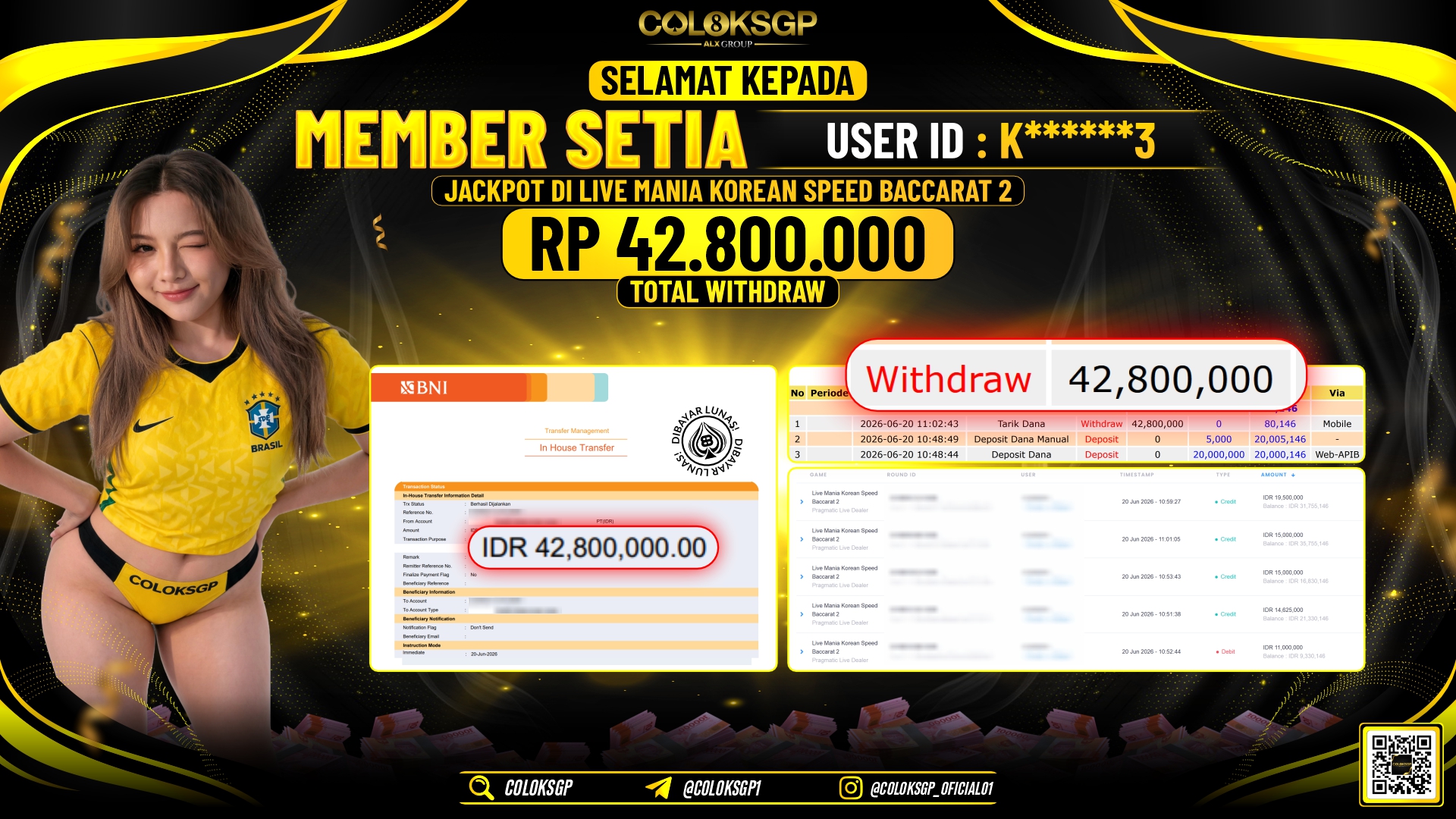 COLOKSGP JACKPOT PRAGMATIC LIVE DEALER - LIVE MANIA KOREAN SPEED BACCARAT 2 RP42.800.000,- LUNAS