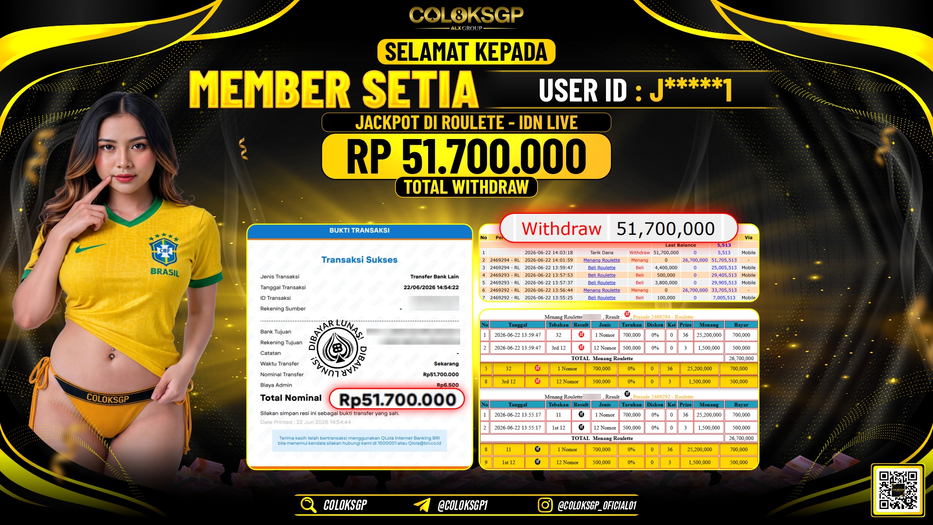 COLOKSGP JACKPOT INDLIVE - ROULETTE RP51.700.000,- LUNAS