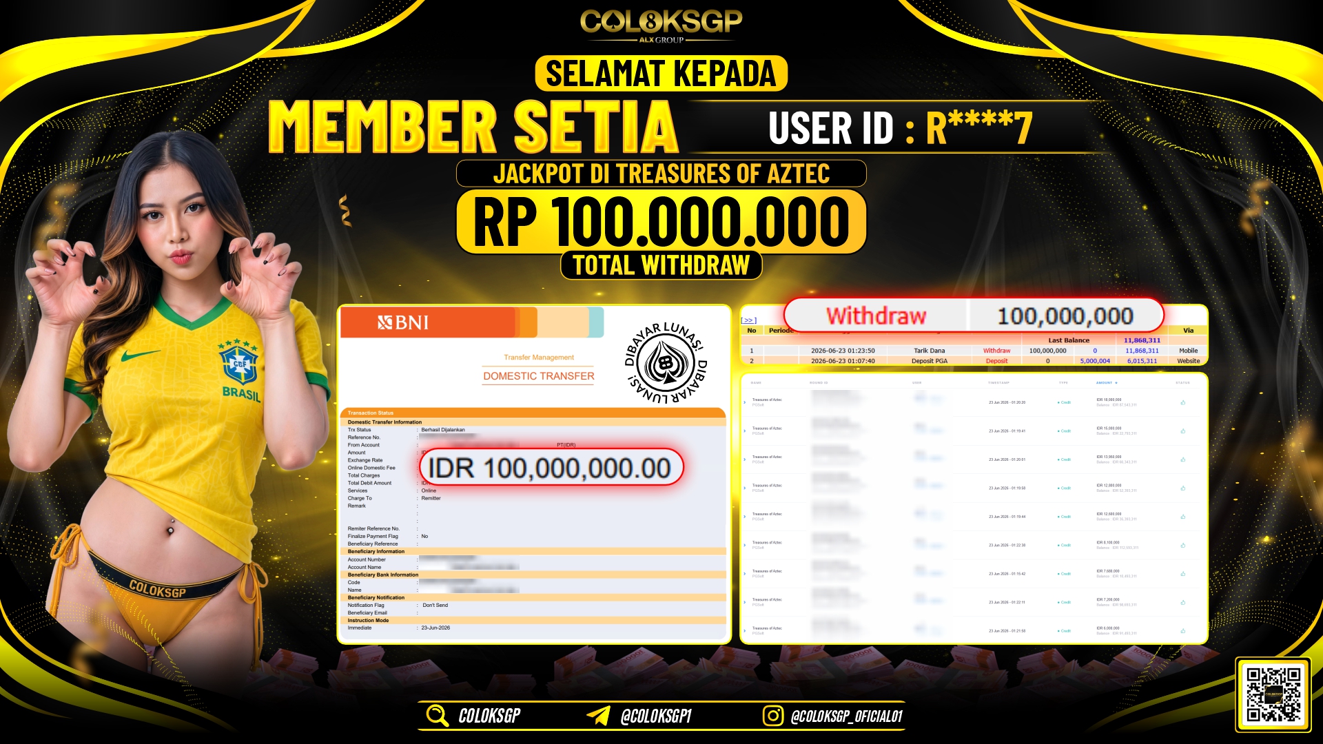 COLOKSGP JACKPOT PGSOFT - TREASURES OF AZTEC RP100.000.000,- LUNAS