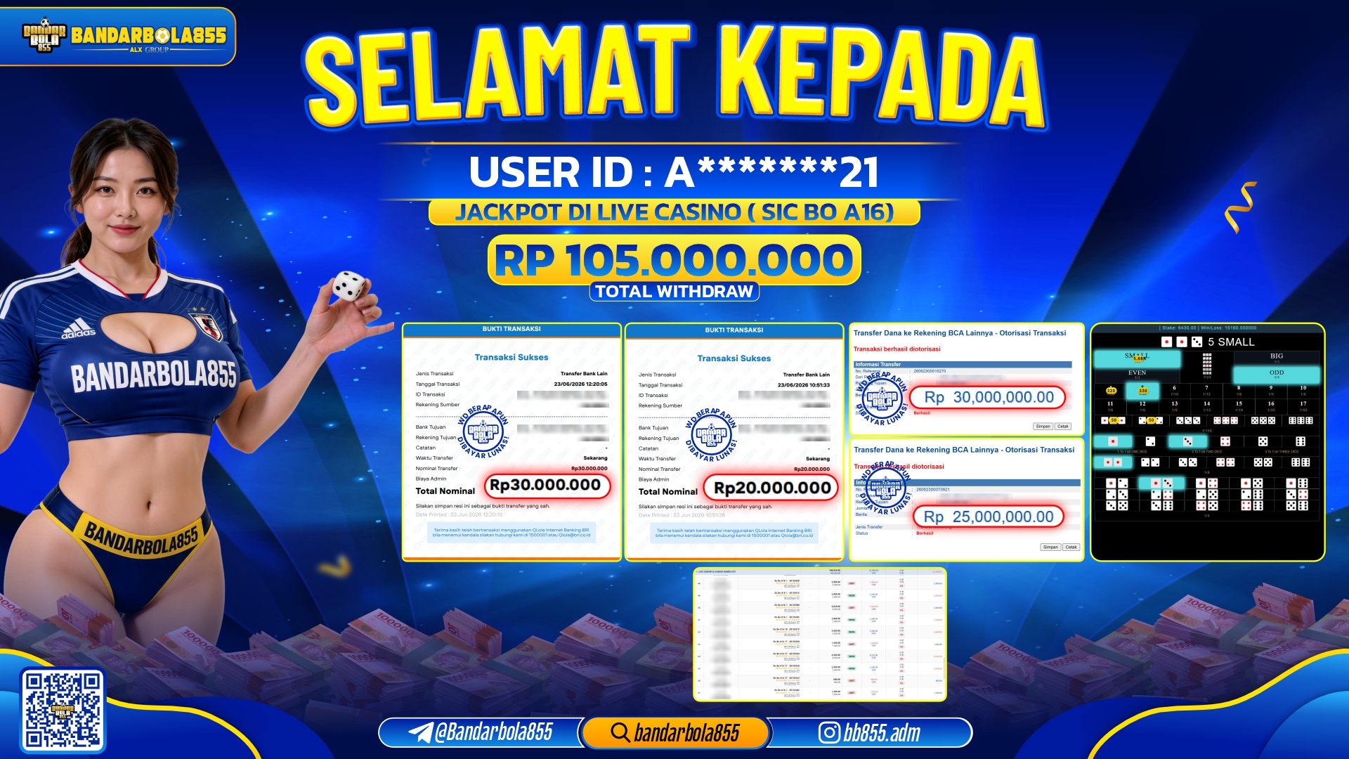 JACKPOT BANDARBOLA855 DI LIVE CASINO SIC BO A16 Rp105.000.000, - LUNAS🎖