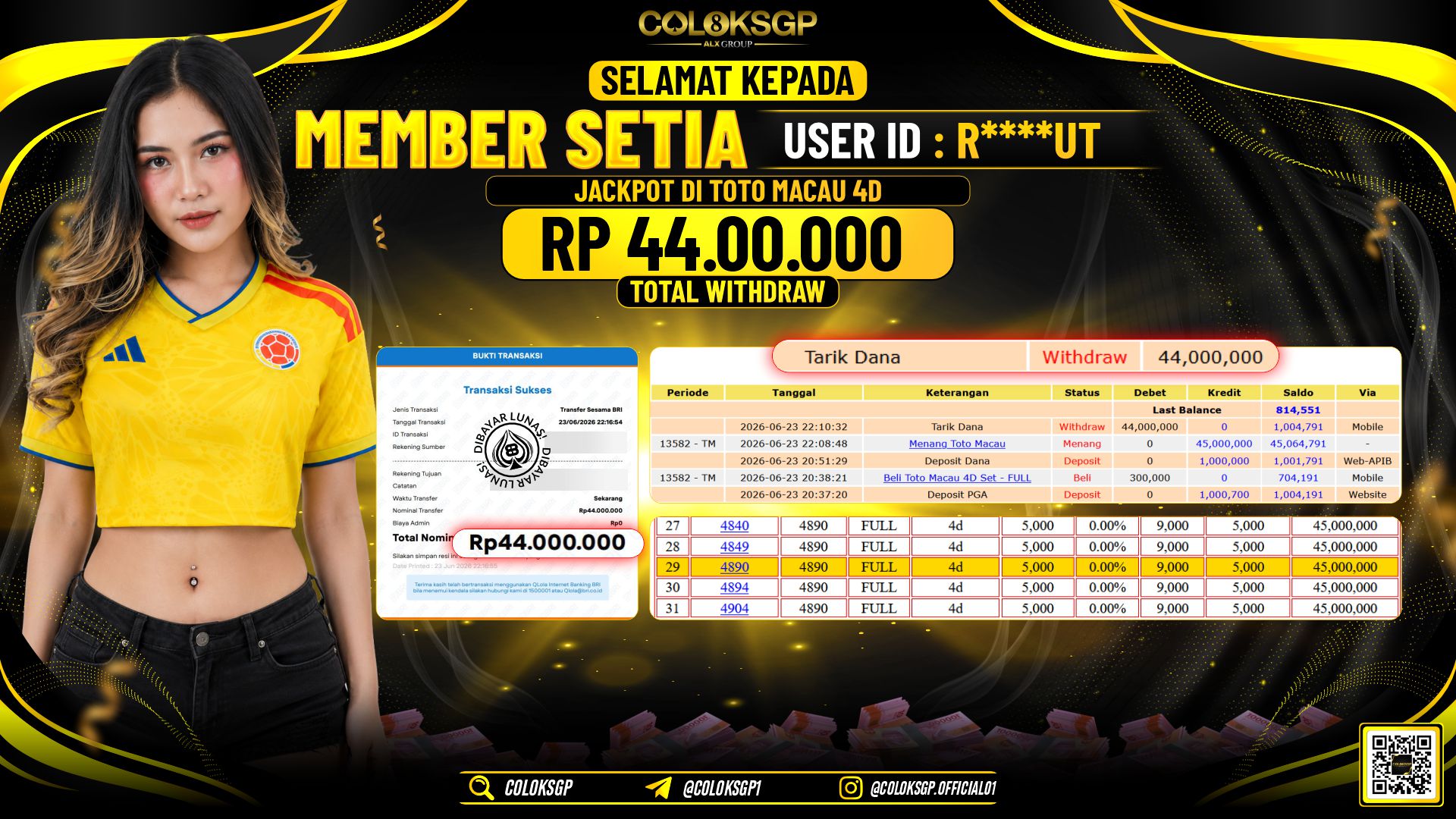 COLOKSGP JACKPOT POLLS - TOTO MACAU 4D RP44.000.000,- LUNAS