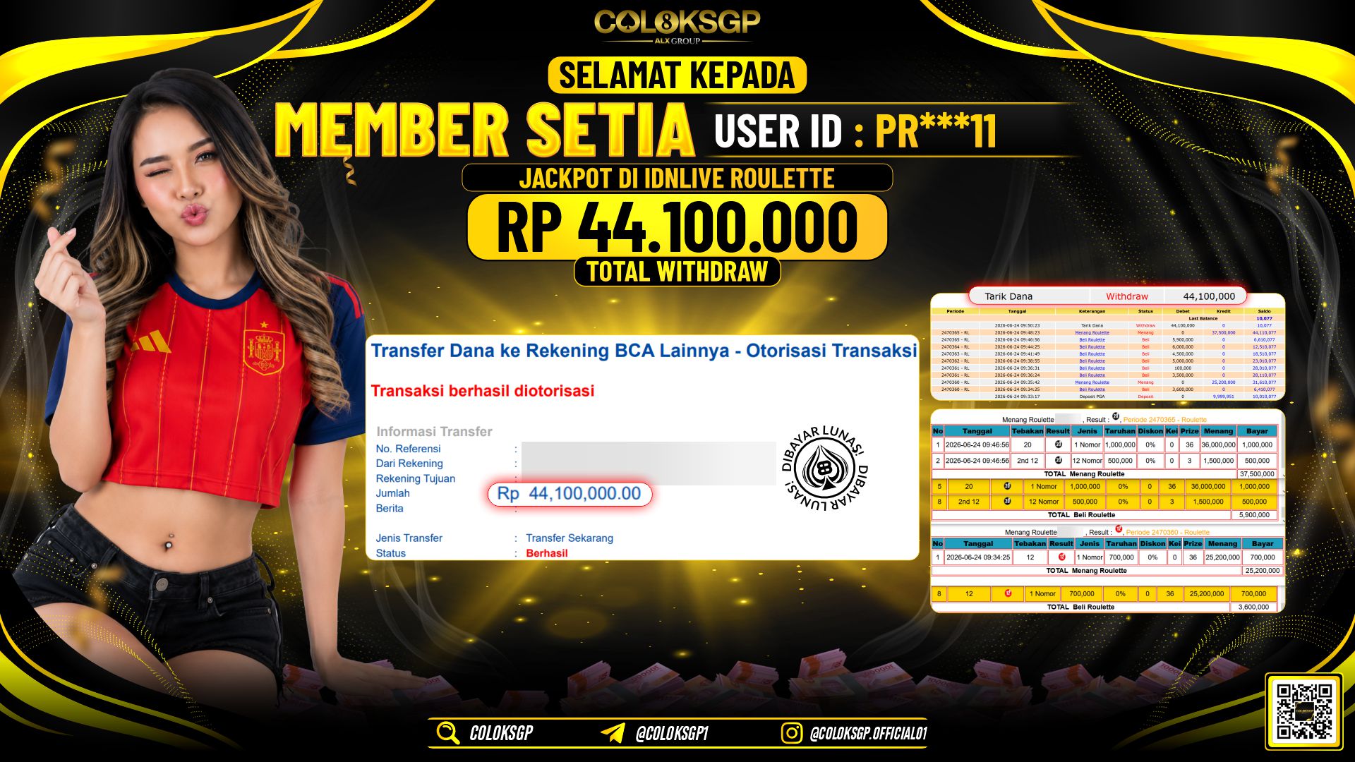 COLOKSGP JACKPOT IDNLIVE - ROULLETE RP44.100.000,- LUNAS