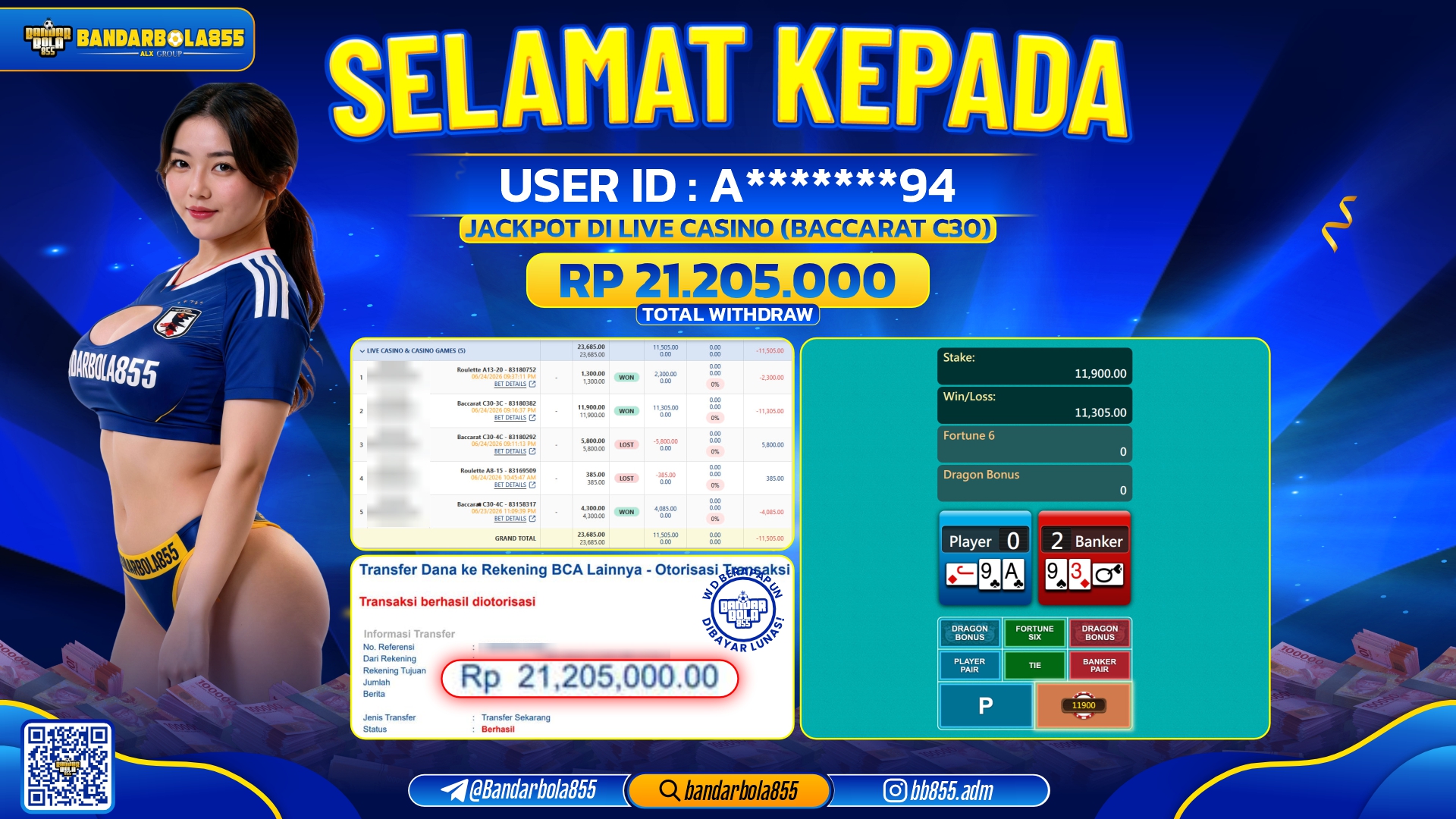 JACKPOT BANDARBOLA855 DI LIVE CASINO BACCARAT C30 Rp21.205.000, - LUNAS🎖