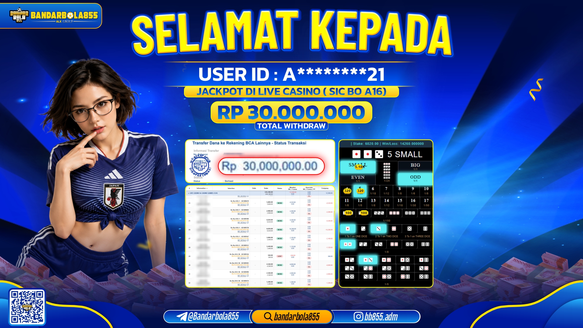 JACKPOT BANDARBOLA855 DI LIVE CASINO SIC BO A16 Rp30.000.000, - LUNAS🎖