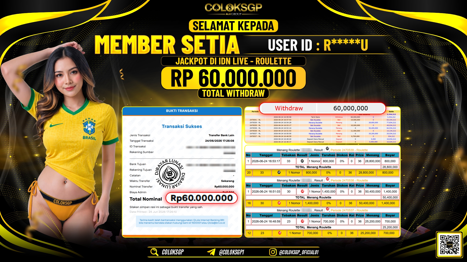 COLOKSGP JACKPOT IDNLIVE - ROULLETE RP60.000.000,- LUNAS
