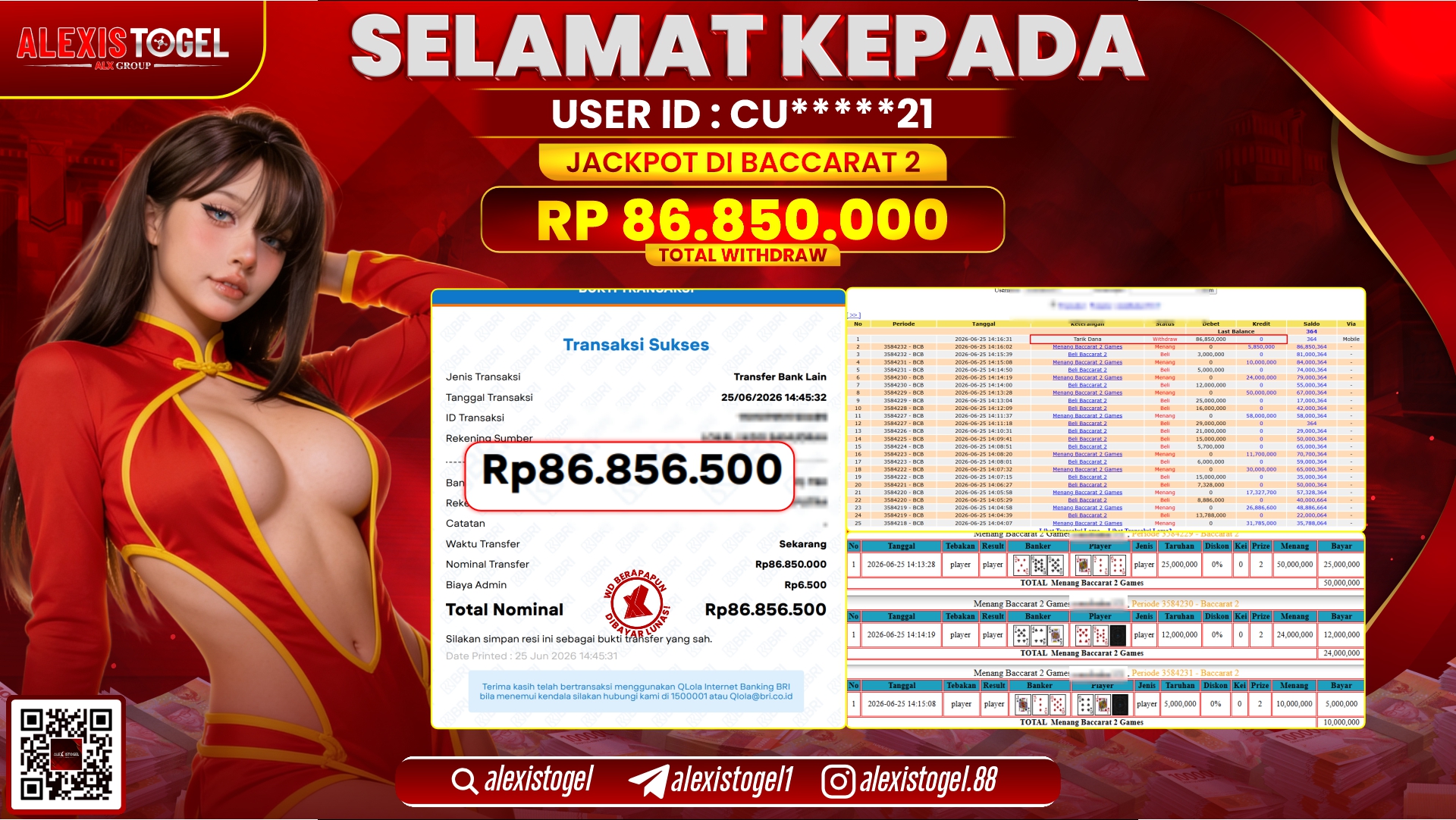 ALEXISTOGEL JACKPOT DI BACCARAT 2 RP.86.850.000,- LUNAS