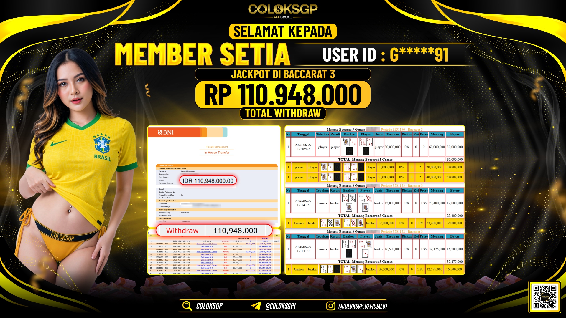COLOKSGP JACKPOT IDNLIVE - BACCARAT 3 RP110.948.000,- LUNAS