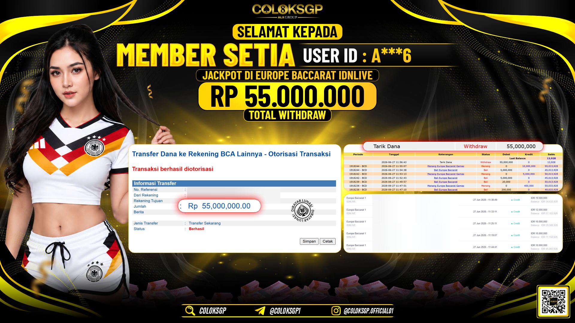 COLOKSGP JACKPOT IDNLIVE - EUROPE BACCARAT 1 RP55.000.000,- LUNAS