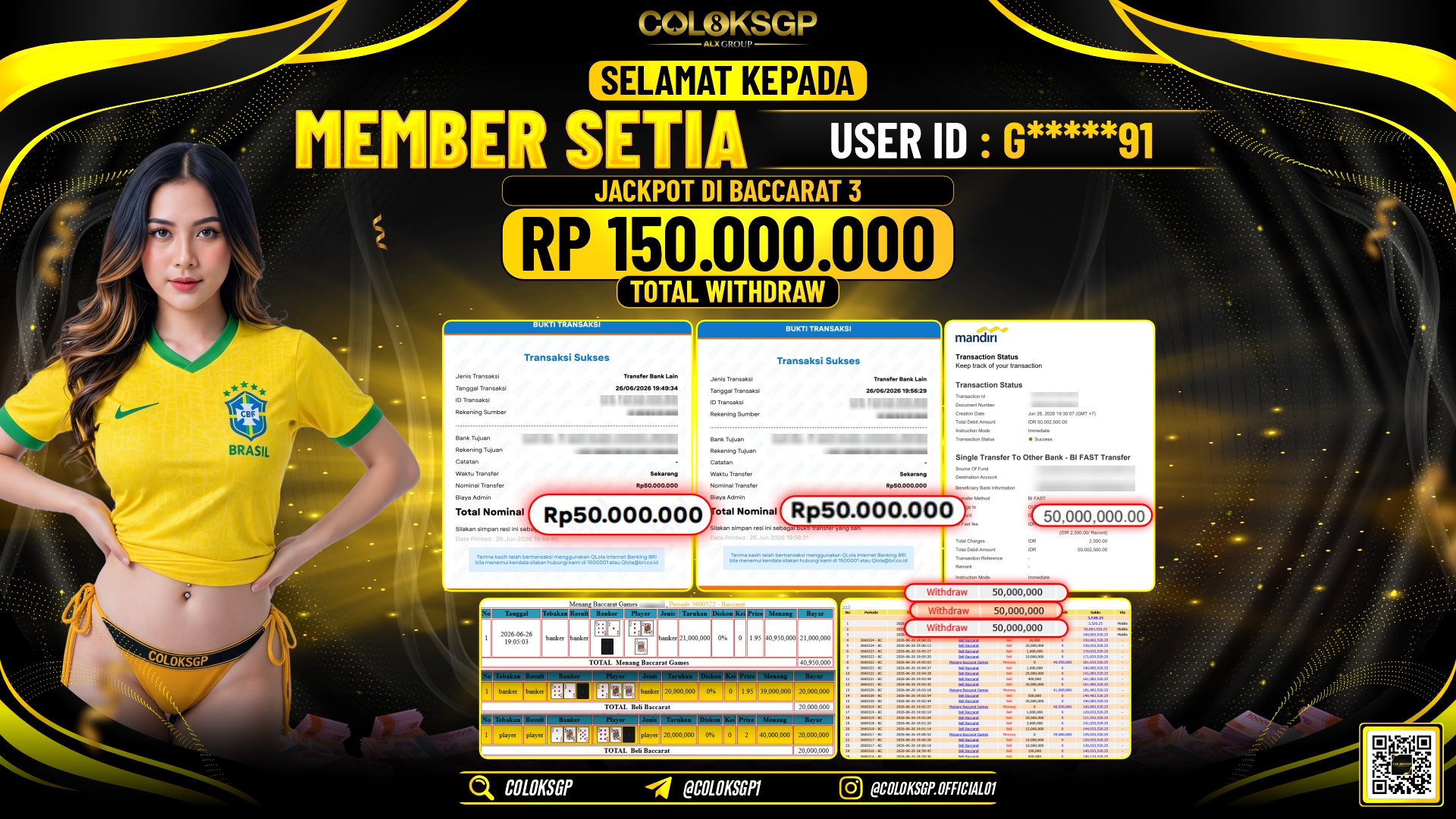 COLOKSGP JACKPOT IDNLIVE - BACCARAT 3 RP150.000.000,- LUNAS
