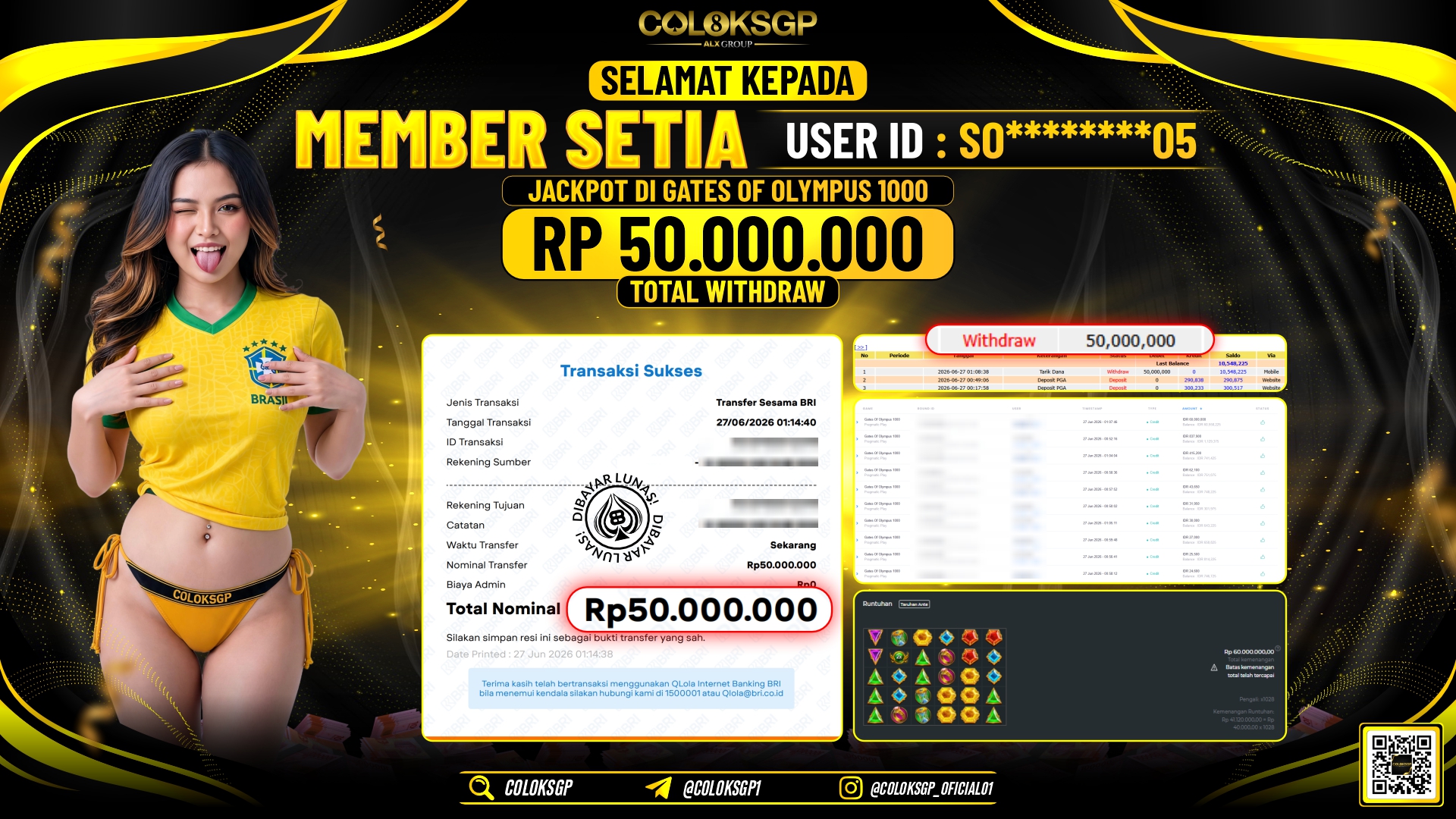 COLOKSGP JACKPOT PRAGMATIC PLAY - GATES OF OLYMPUS 1000 RP50.000.000,- LUNAS