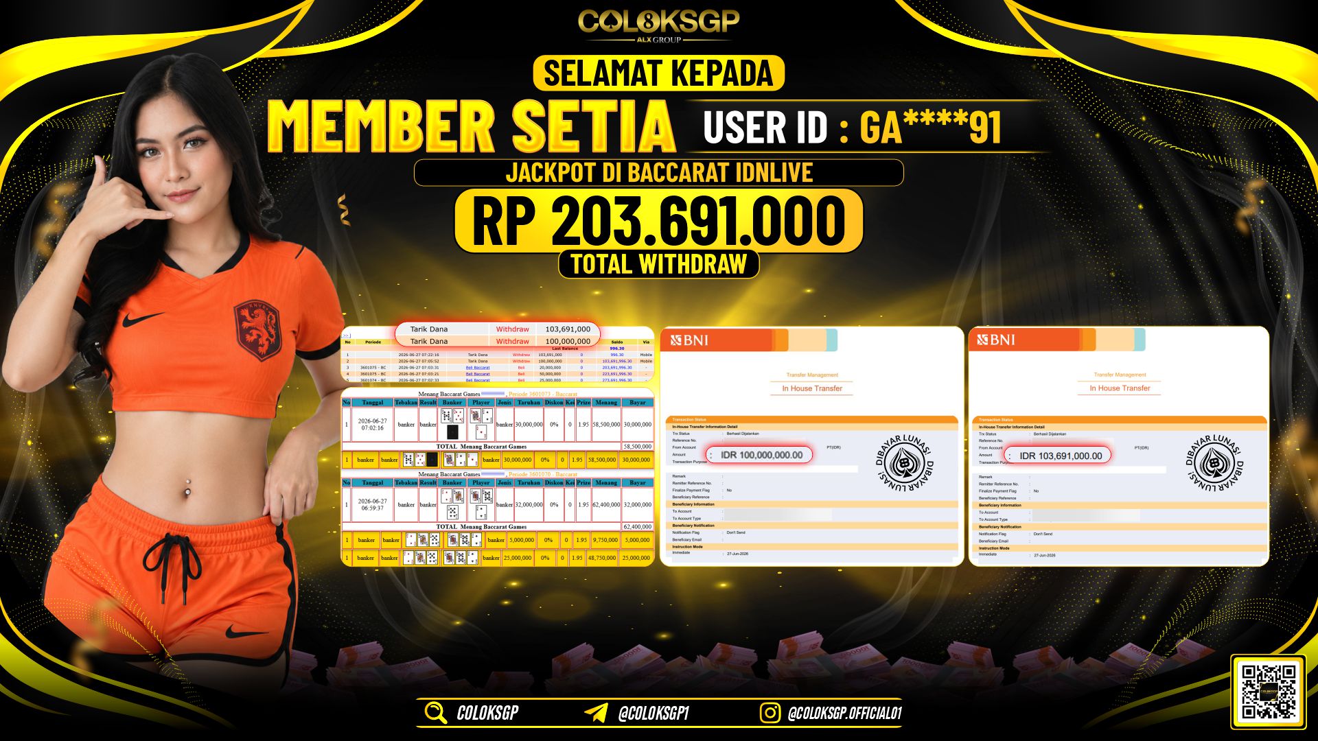 COLOKSGP JACKPOT IDNLIVE - BACCARAT RP203.691.000,- LUNAS