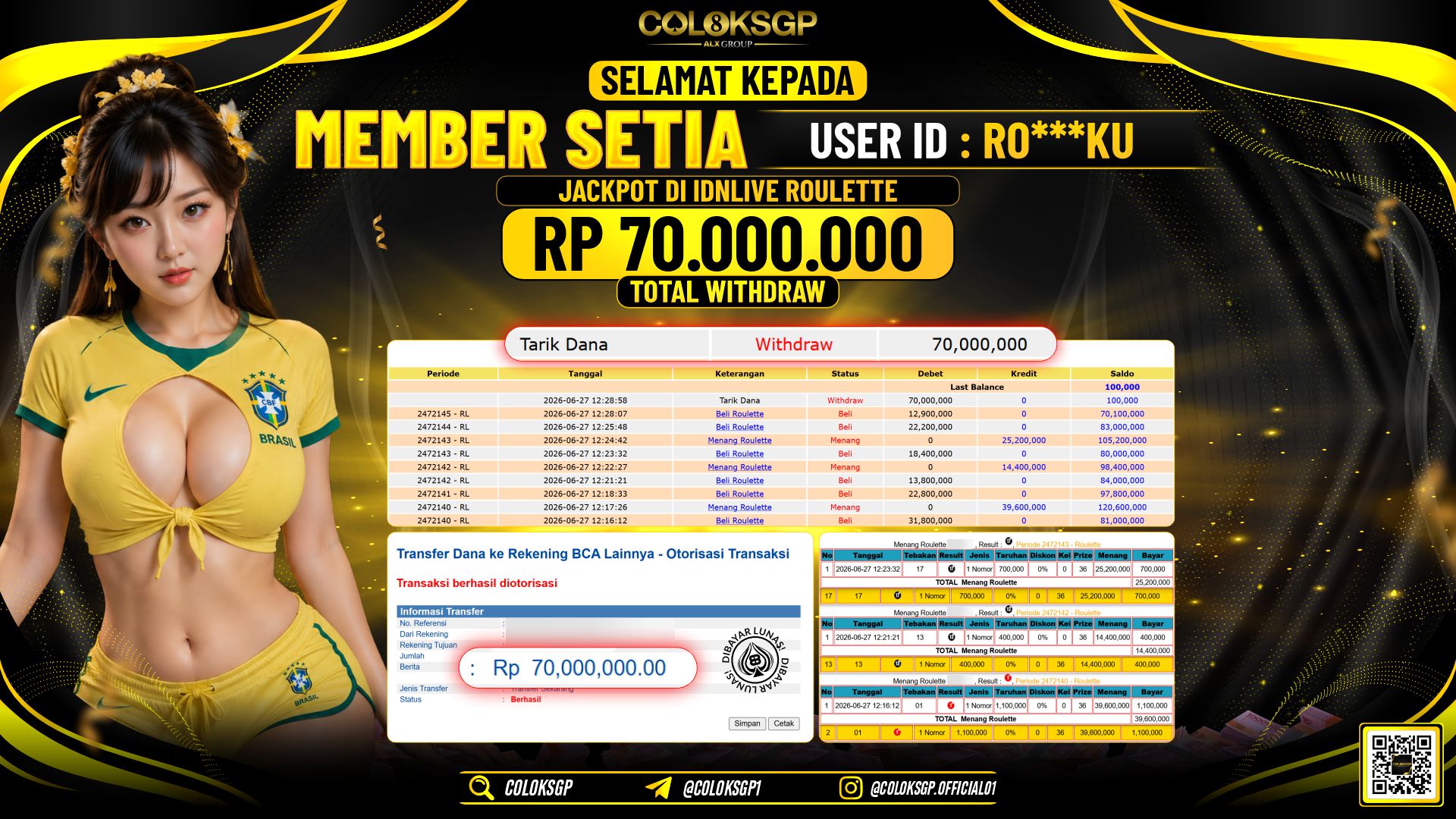 COLOKSGP JACKPOT IDNLIVE - ROULETTE RP70.000.000,- LUNAS