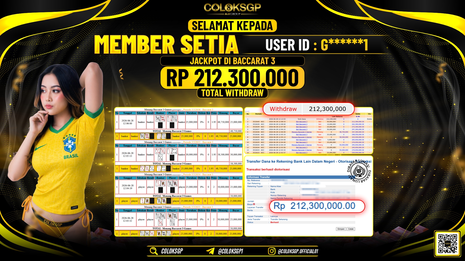 COLOKSGP JACKPOT IDNLIVE - BACCARAT 3 RP212.300.000,- LUNAS