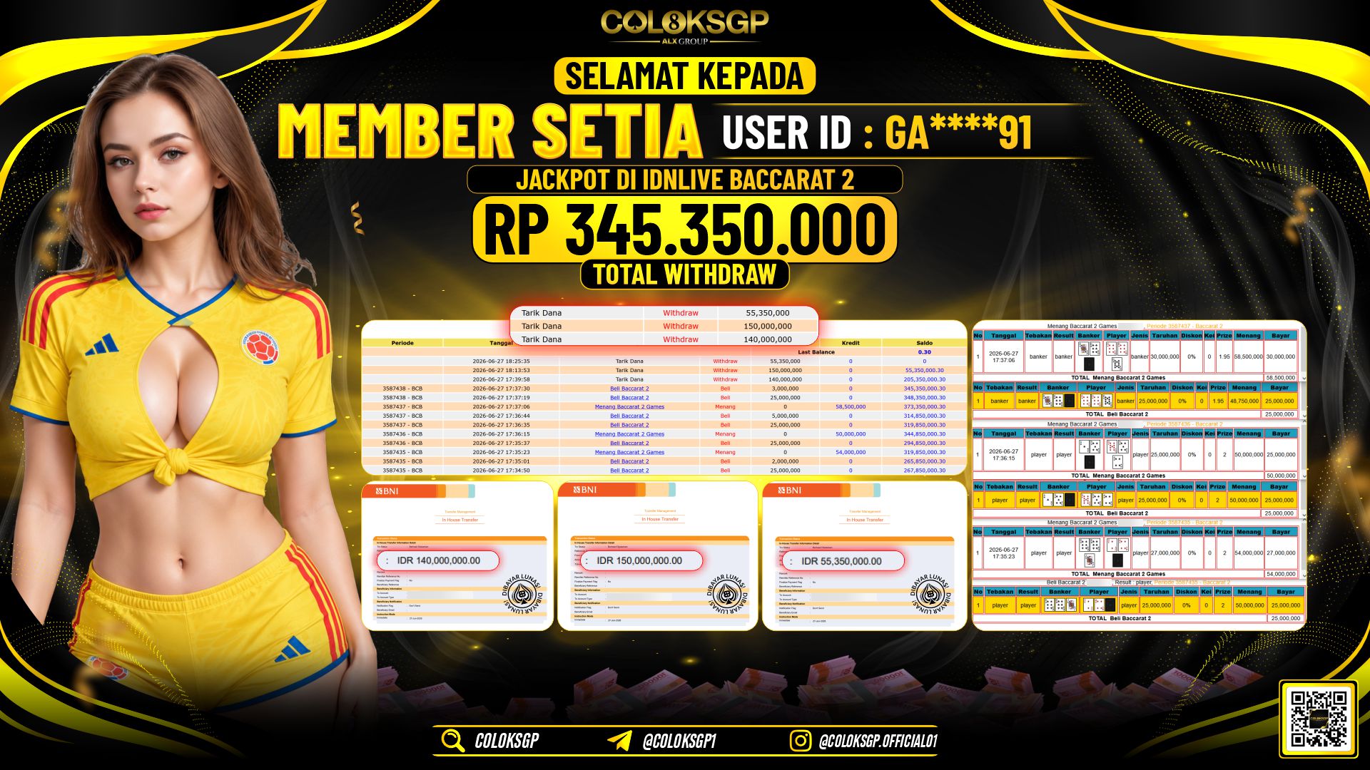 COLOKSGP JACKPOT IDNLIVE - BACCARAT 2 RP345.350.000,- LUNAS