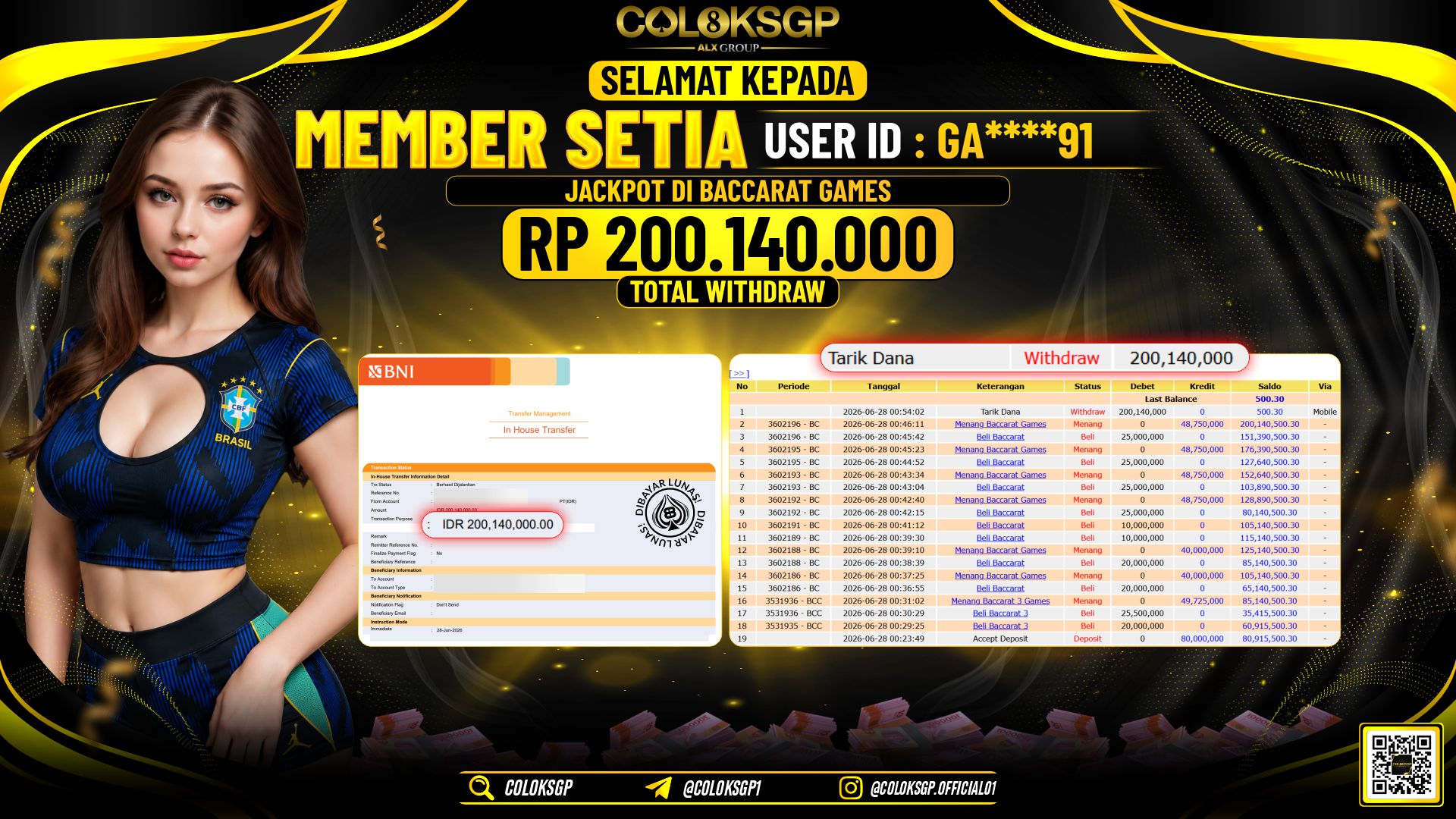 COLOKSGP JACKPOT IDNLIVE - BACCARAT GAMES RP200.140.000,- LUNAS