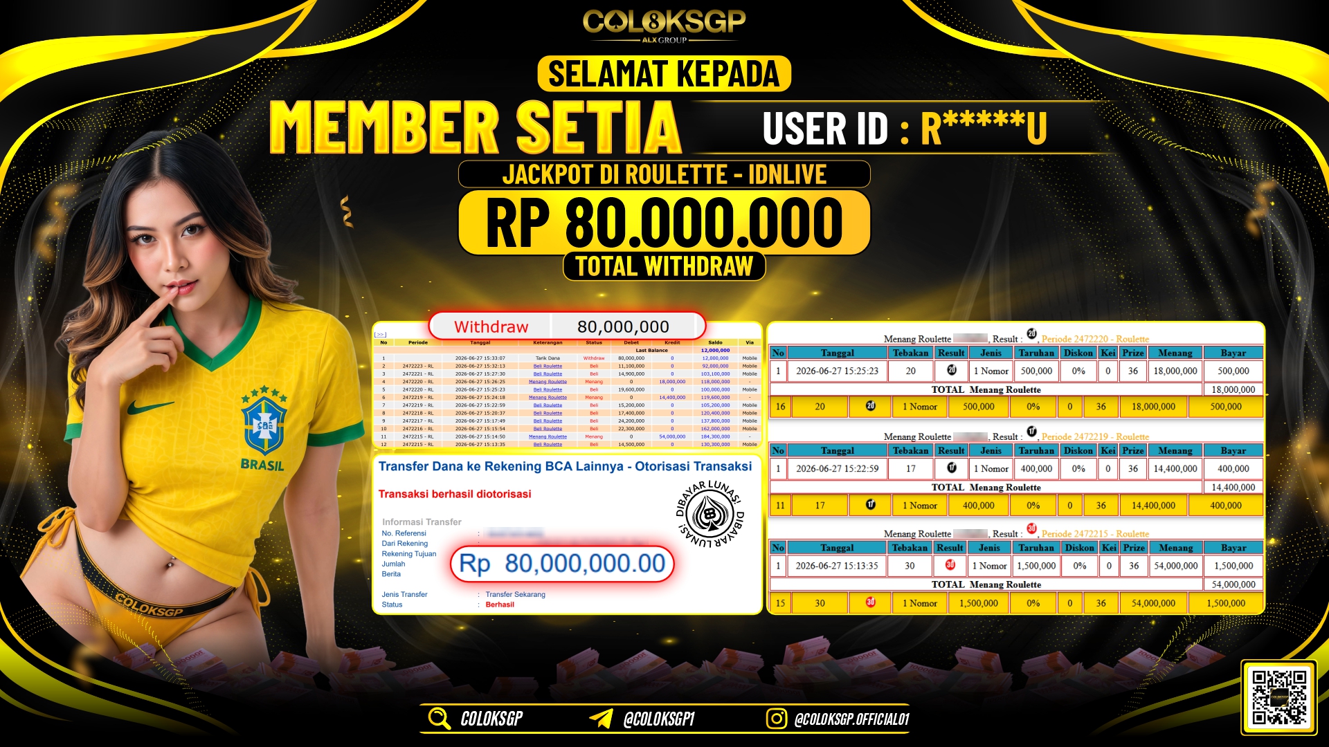 COLOKSGP JACKPOT IDNLIVE - ROULETTE RP80.000.000,- LUNAS