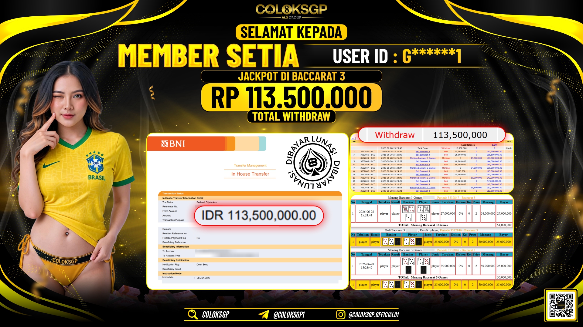 COLOKSGP JACKPOT IDNLIVE - BACCART 3 RP113.500.000,- LUNAS