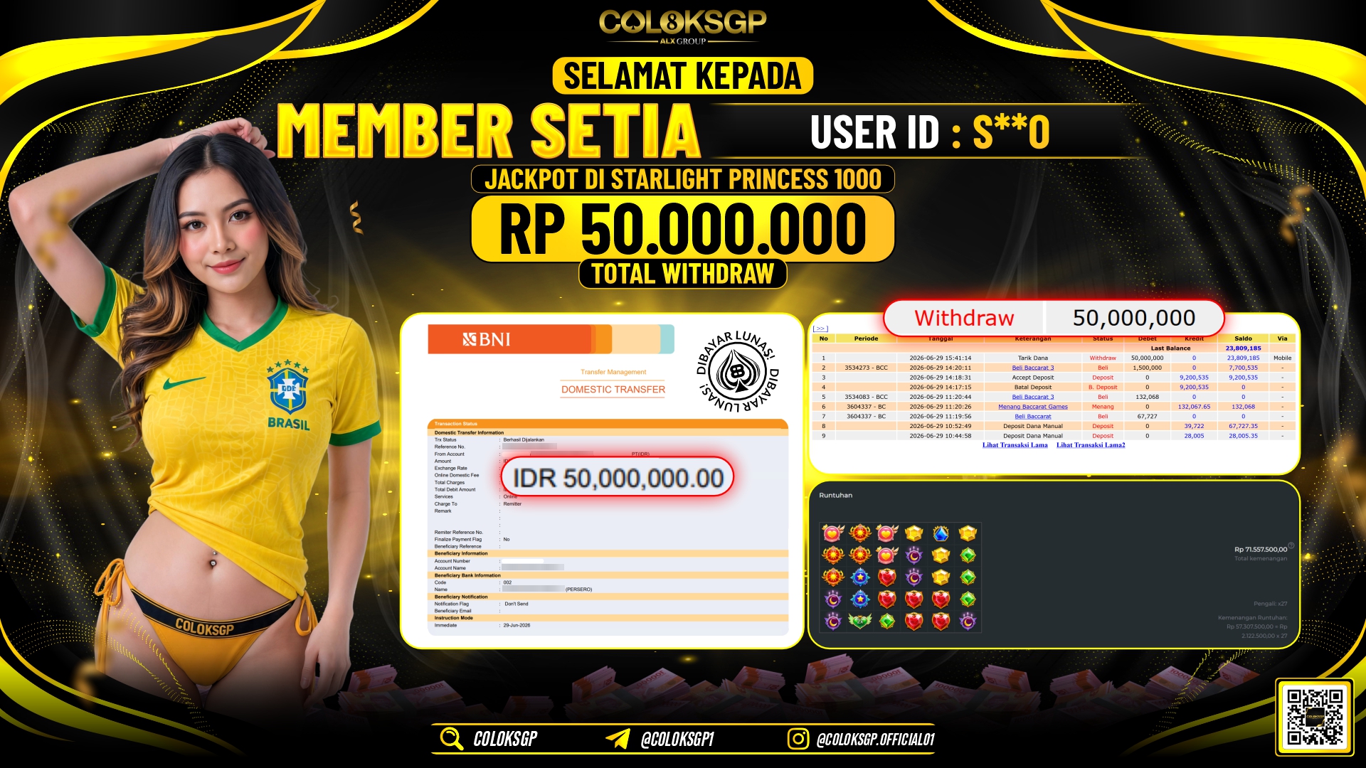 COLOKSGP JACKPOT PRAGMATIC PLAY - STARLIGHT PRINCESS 1000 RP50.000.000,- LUNAS