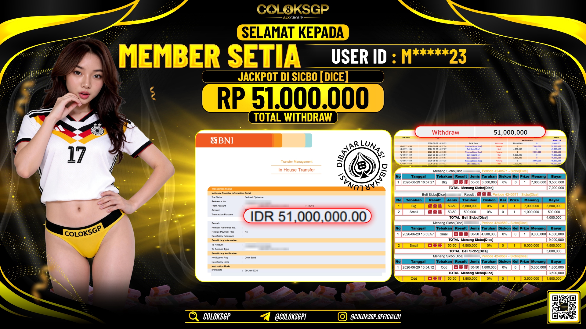 COLOKSGP JACKPOT IDNLIVE - SICBO [DICE] RP51.000.000,- LUNAS