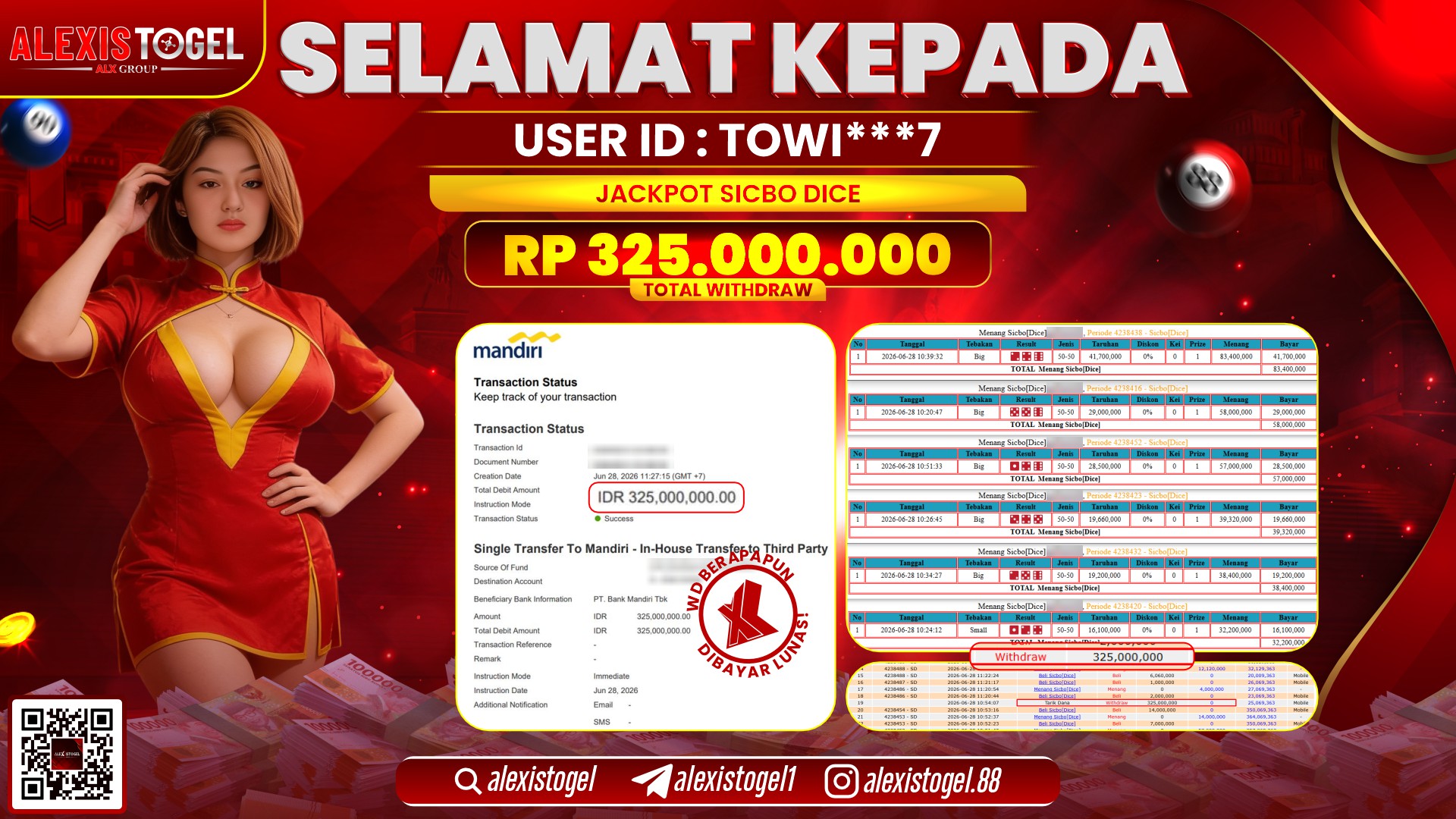ALEXISTOGEL JACKPOT DI SICBO DICE RP.325.000.000,- LUNAS