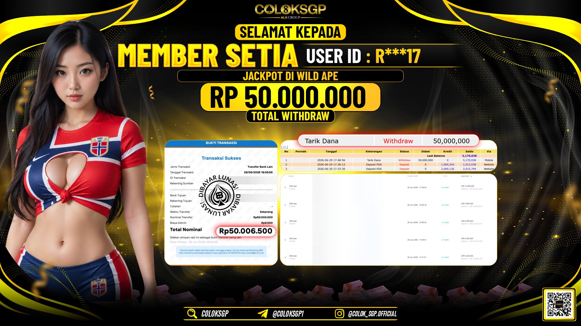 COLOKSGP JACKPOT PGSOFT - WILD APE RP50.000.000,- LUNAS