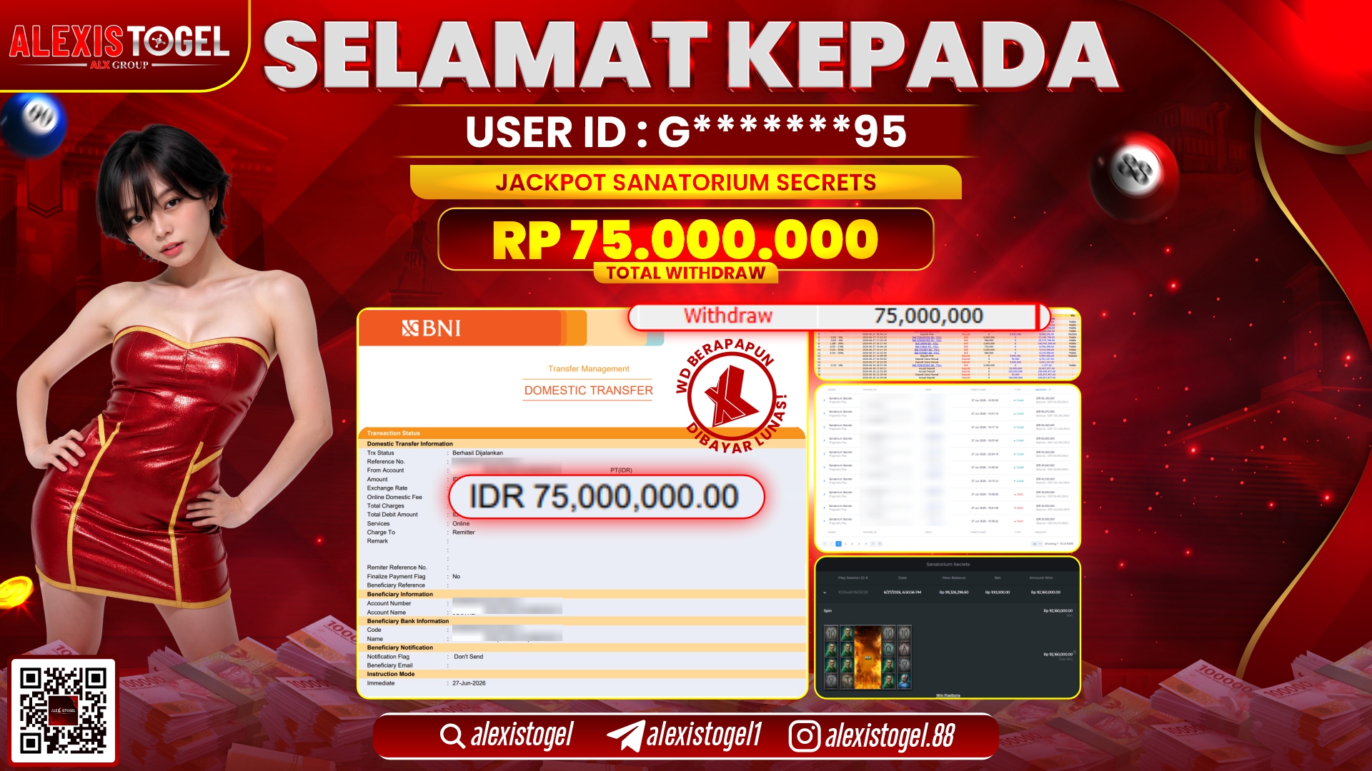 ALEXISTOGEL JACKPOT DI SANATORIUM SECRETS RP.75.000.000,- LUNAS