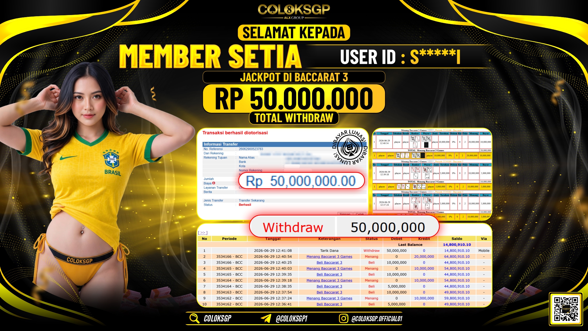 COLOKSGP JACKPOT IDNLIVE - BACCARAT 3 RP50.000.000,- LUNAS