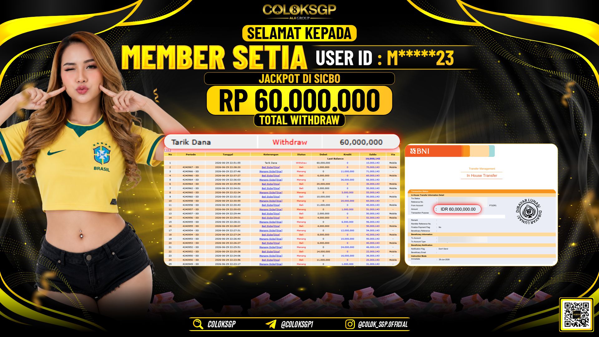 COLOKSGP JACKPOT IDNLIVE - SICBO RP60.000.000,- LUNAS