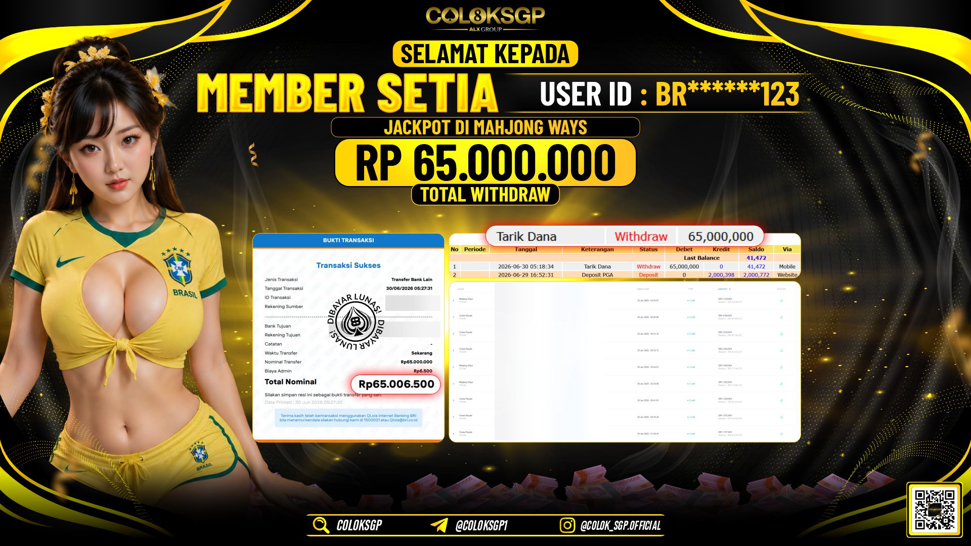 COLOKSGP JACKPOT PGSOFT - MAHJONG WAYS RP65.000.000,- LUNAS