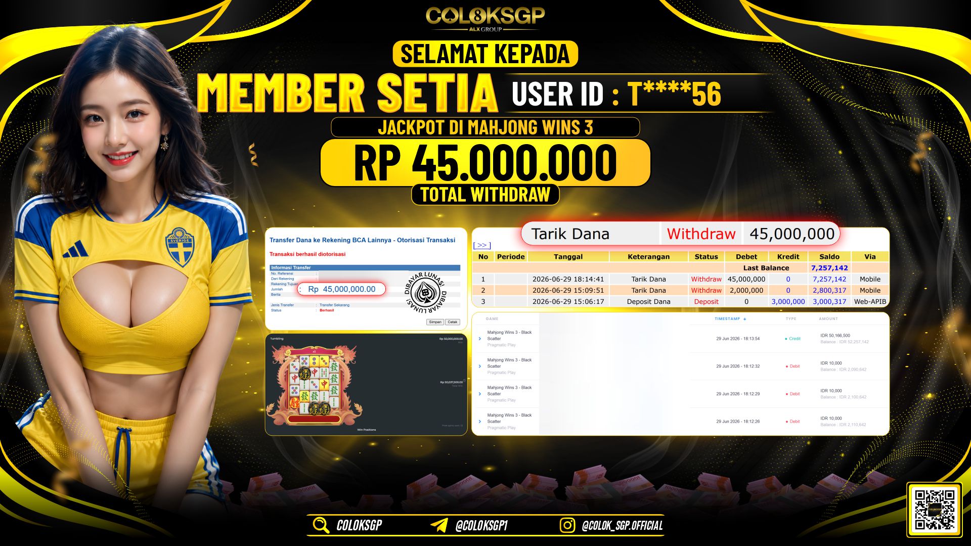 COLOKSGP JACKPOT PRAGMATIC PLAY - MAHJONG WINS 3 RP45.000.000,- LUNAS