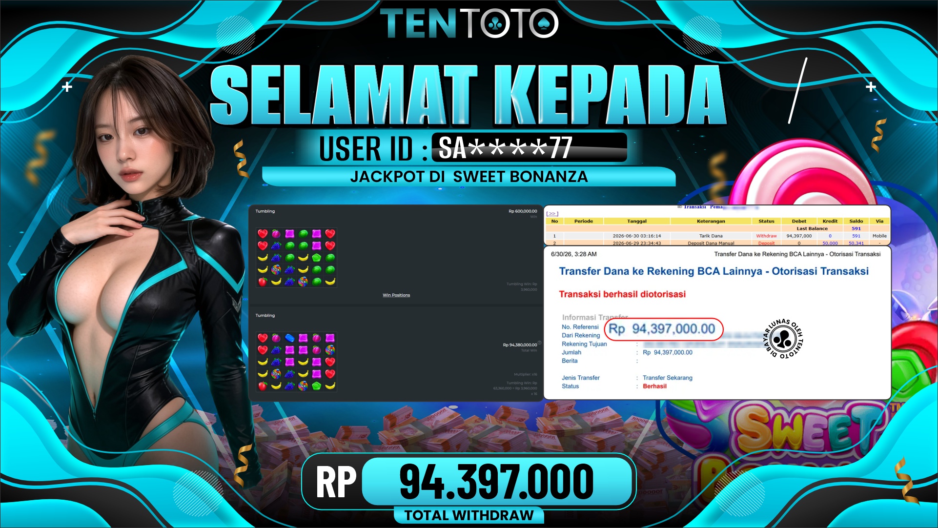 TENTOTO Sweet Bonanza Rp. 94.397.000,- LUNAS