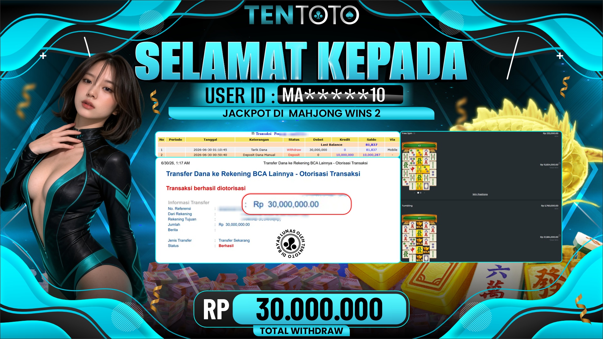 TENTOTO Mahjong Wins 2 Rp. 30.000.000,- LUNAS