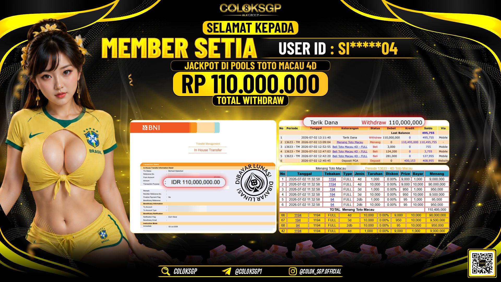 COLOKSGP JACKPOT POLLS - TOTO MACAU 4D RP110.000.000,- LUNAS
