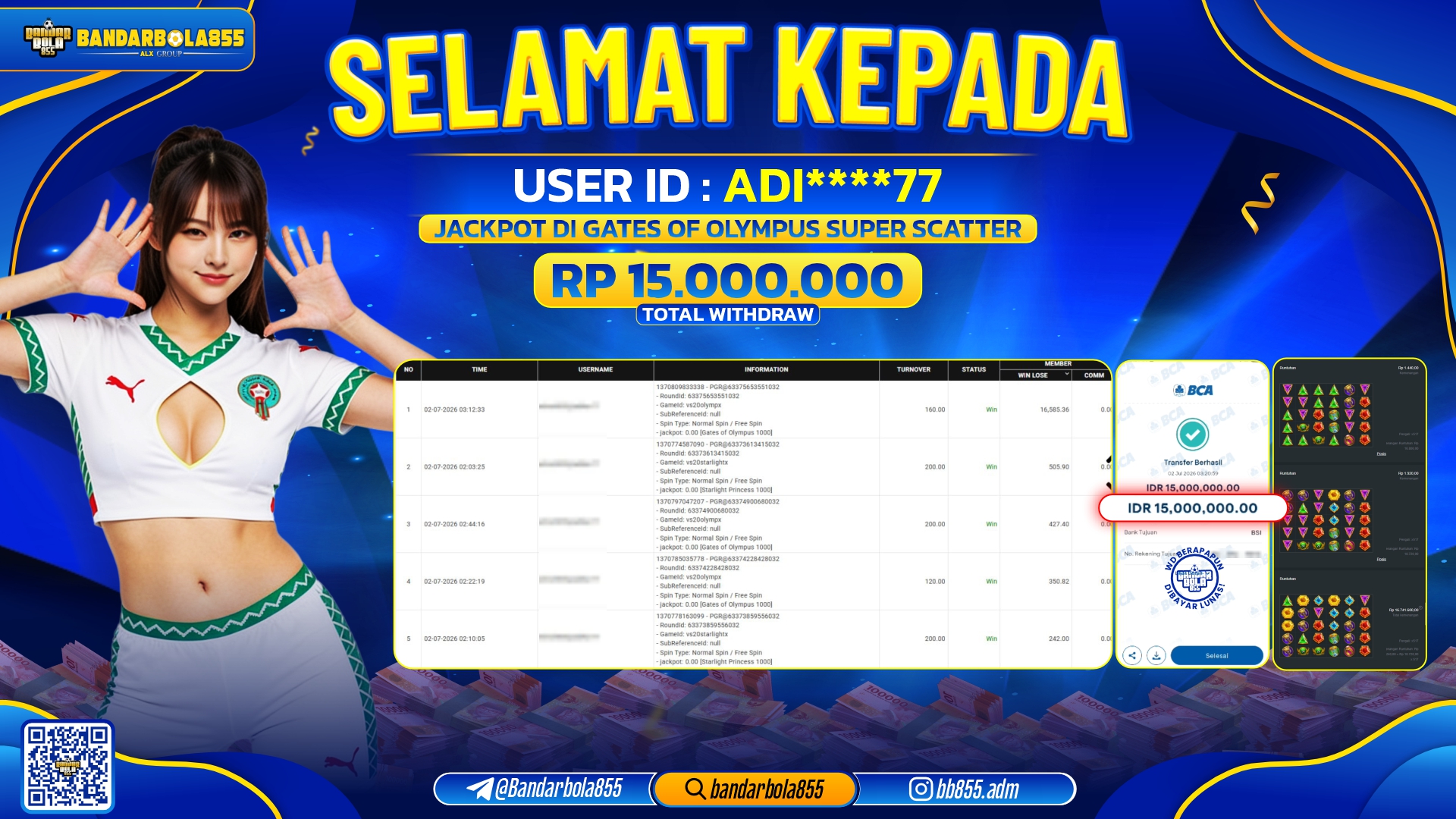 JACKPOT BANDARBOLA855 DI GATES OF OLYMPUS SUPER SCATTER Rp15.000.000, - LUNAS🎖