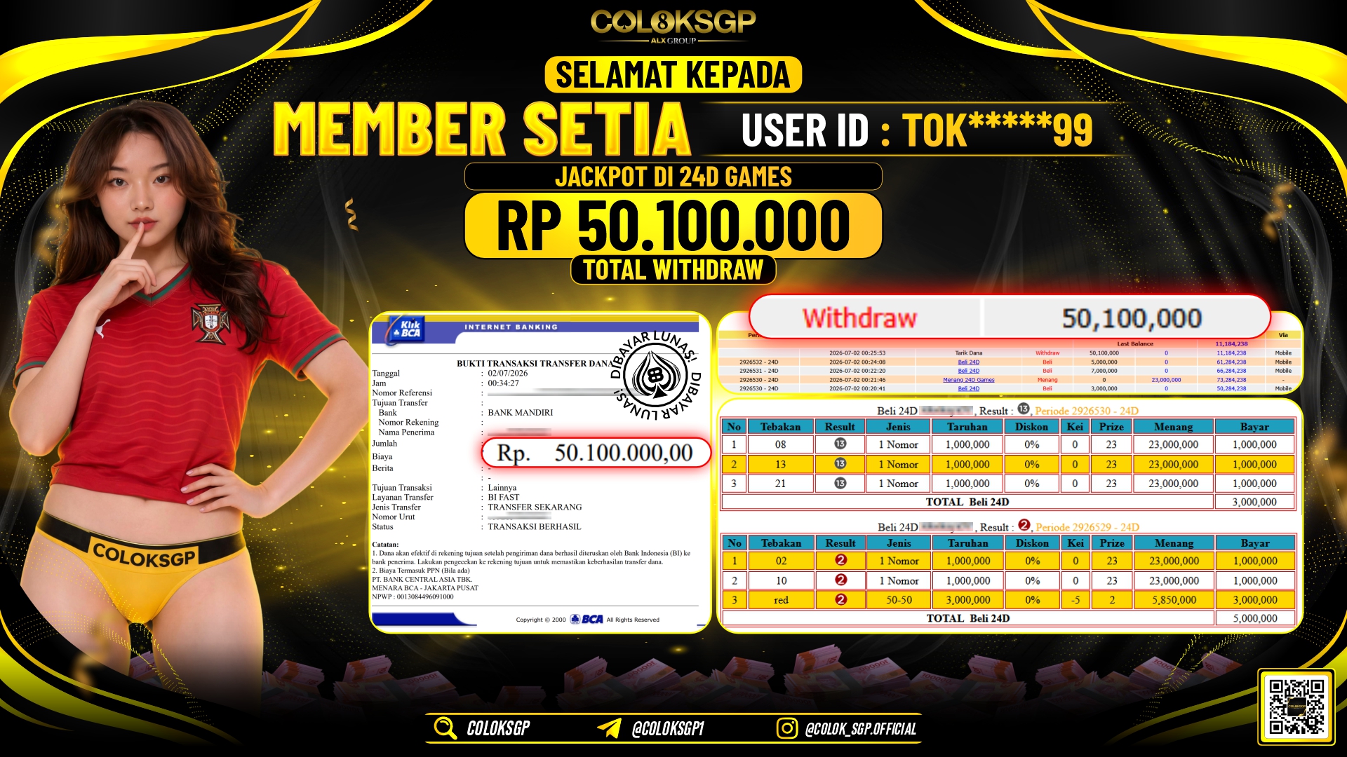 COLOKSGP JACKPOT IDNLIVE - 24D GAMES RP50.100.000,- LUNAS