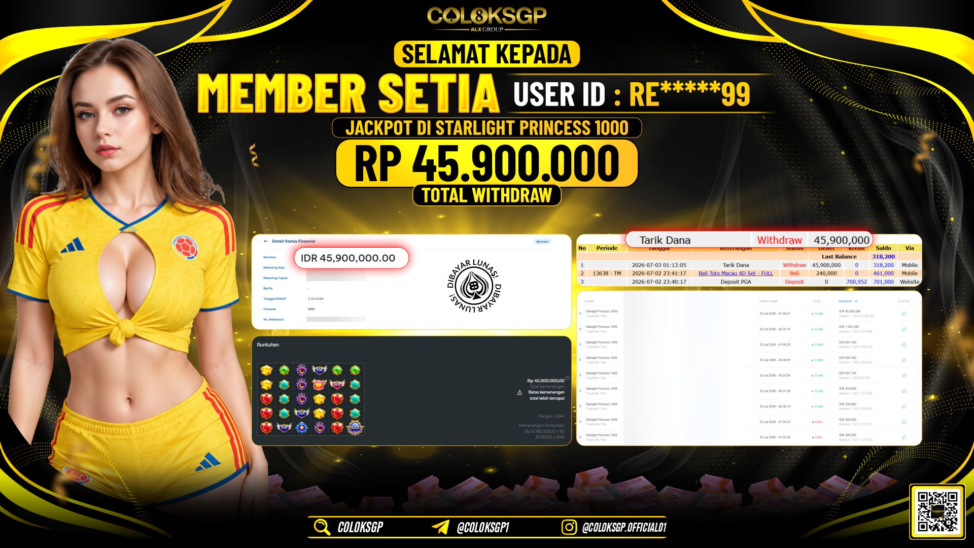 COLOKSGP JACKPOT PRAGMATIC PLAY - STARLIGHT PRINCESS 1000 RP45.900.000,- LUNAS