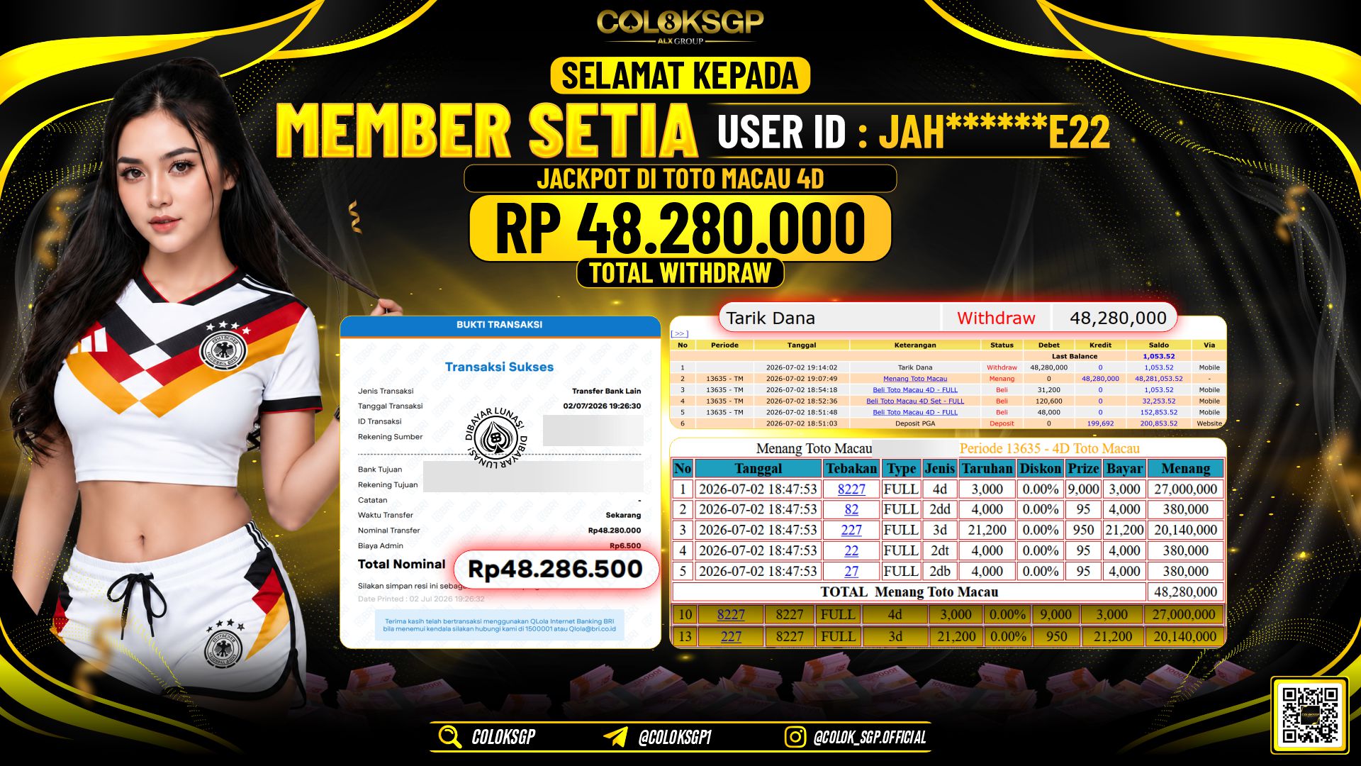 COLOKSGP JACKPOT POLLS - TOTO MACAU 4D RP48.280.000,- LUNAS