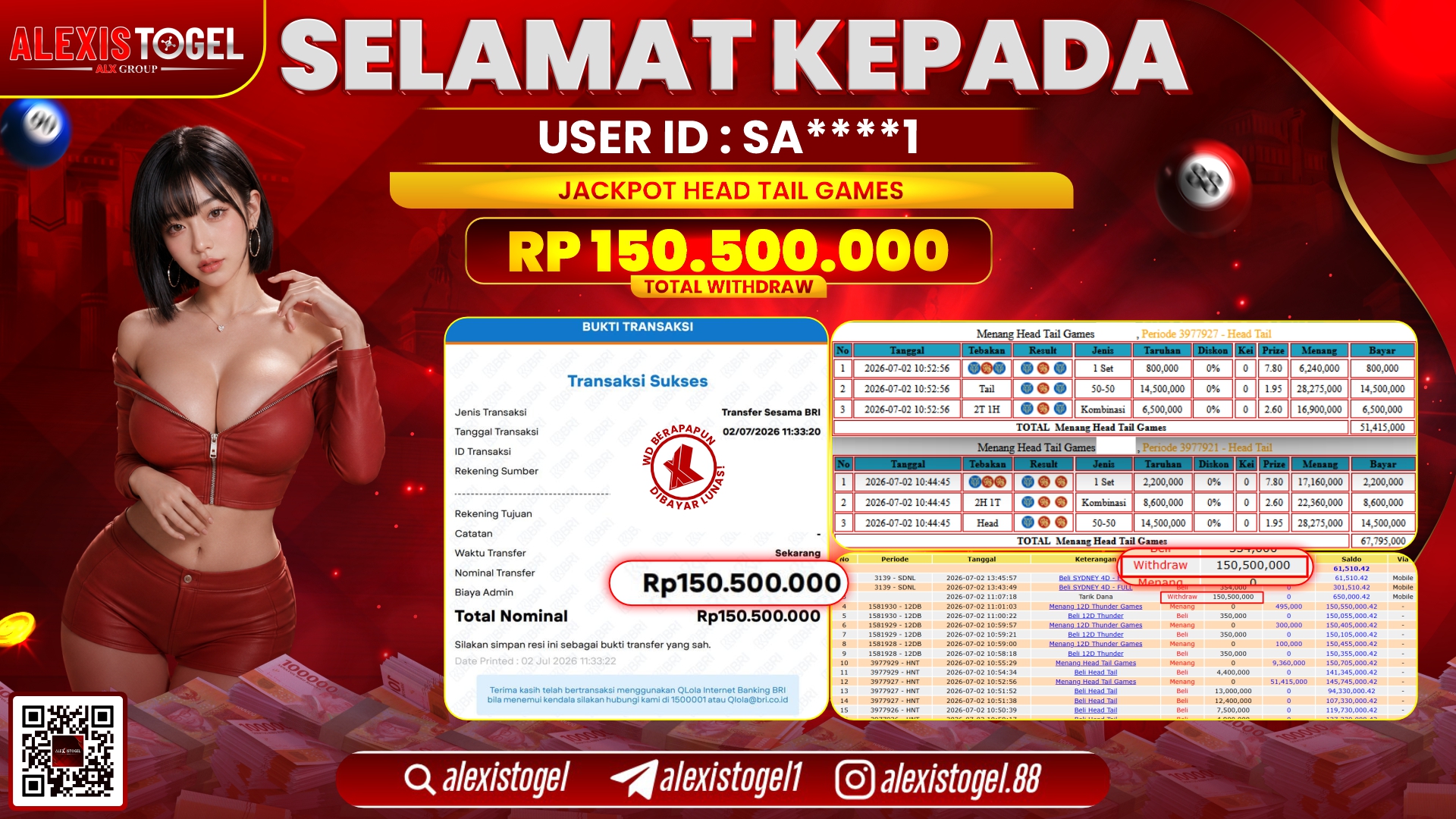 ALEXISTOGEL JACKPOT DI HEAD TAIL GAMES RP.150.500.000,- LUNAS