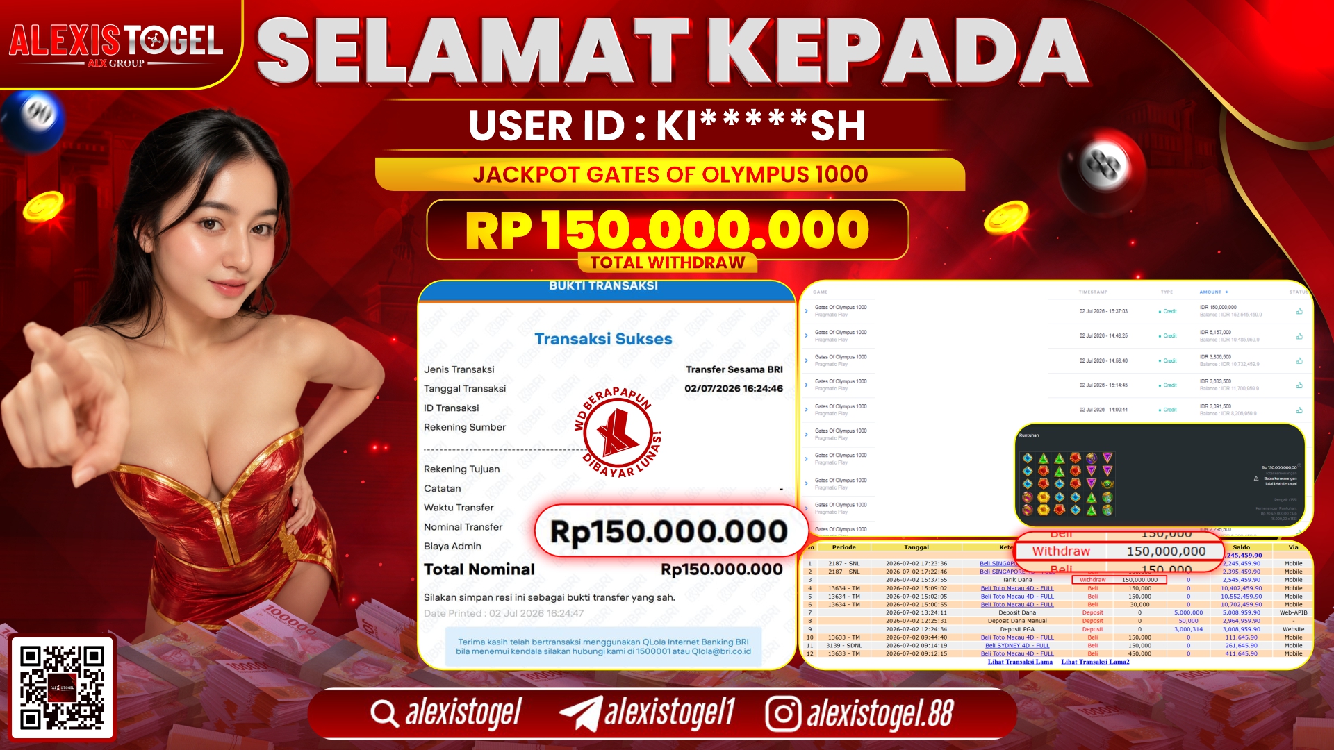 ALEXISTOGEL JACKPOT DI GATES OF OLYMPUS 1000 RP.150.000.000,- LUNAS