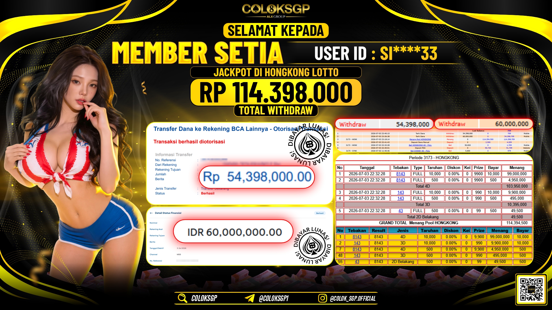 COLOKSGP JACKPOT POLLS - HONGKONG LOTTO RP114.398.000,- LUNAS