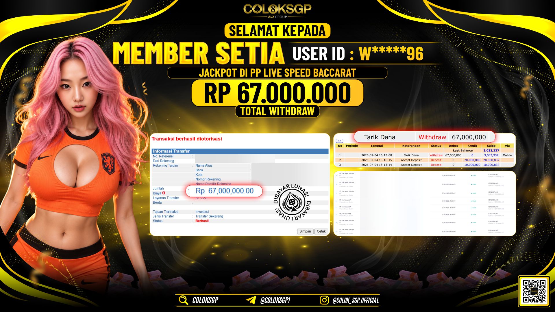 COLOKSGP JACKPOT PRAGMATIC LIVE DEALER - PP LIVE SPEED BACCARAT RP67.000.000,- LUNAS