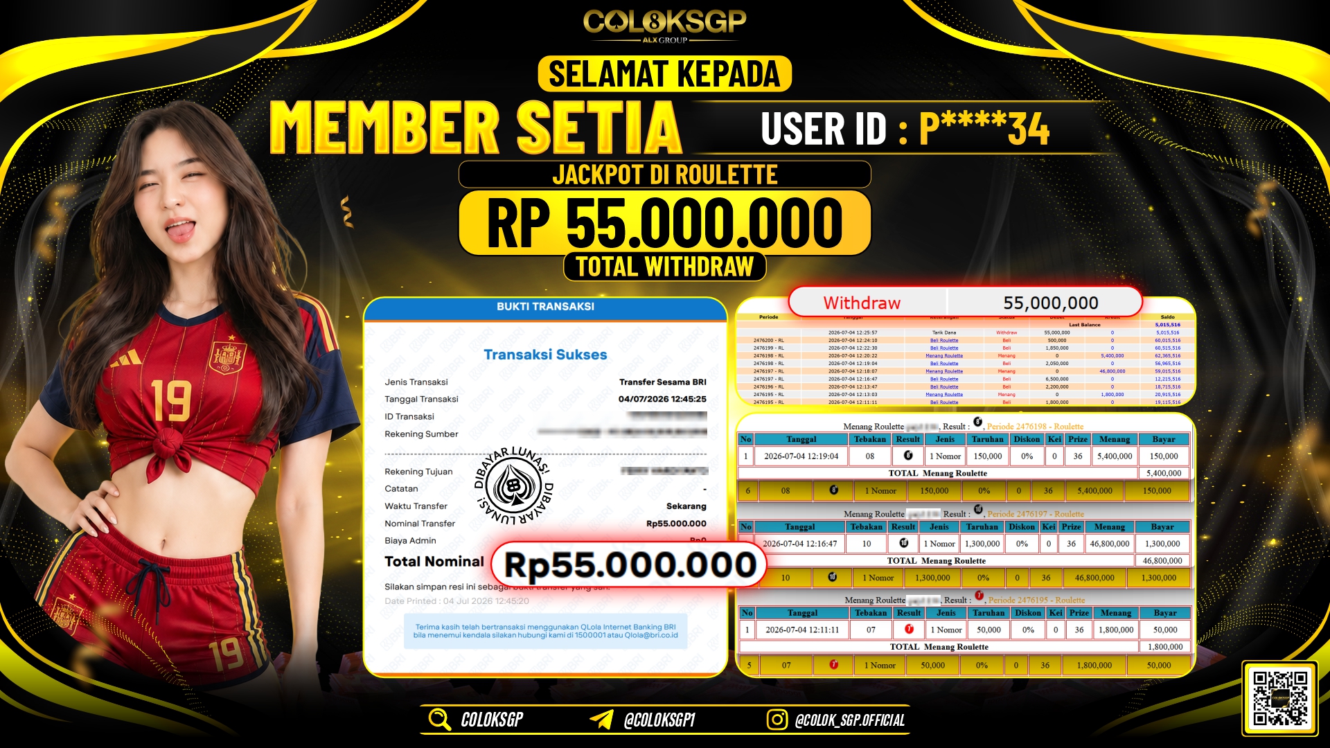 COLOKSGP JACKPOT IDNLIVE - ROULETTE RP55.000.000,- LUNAS