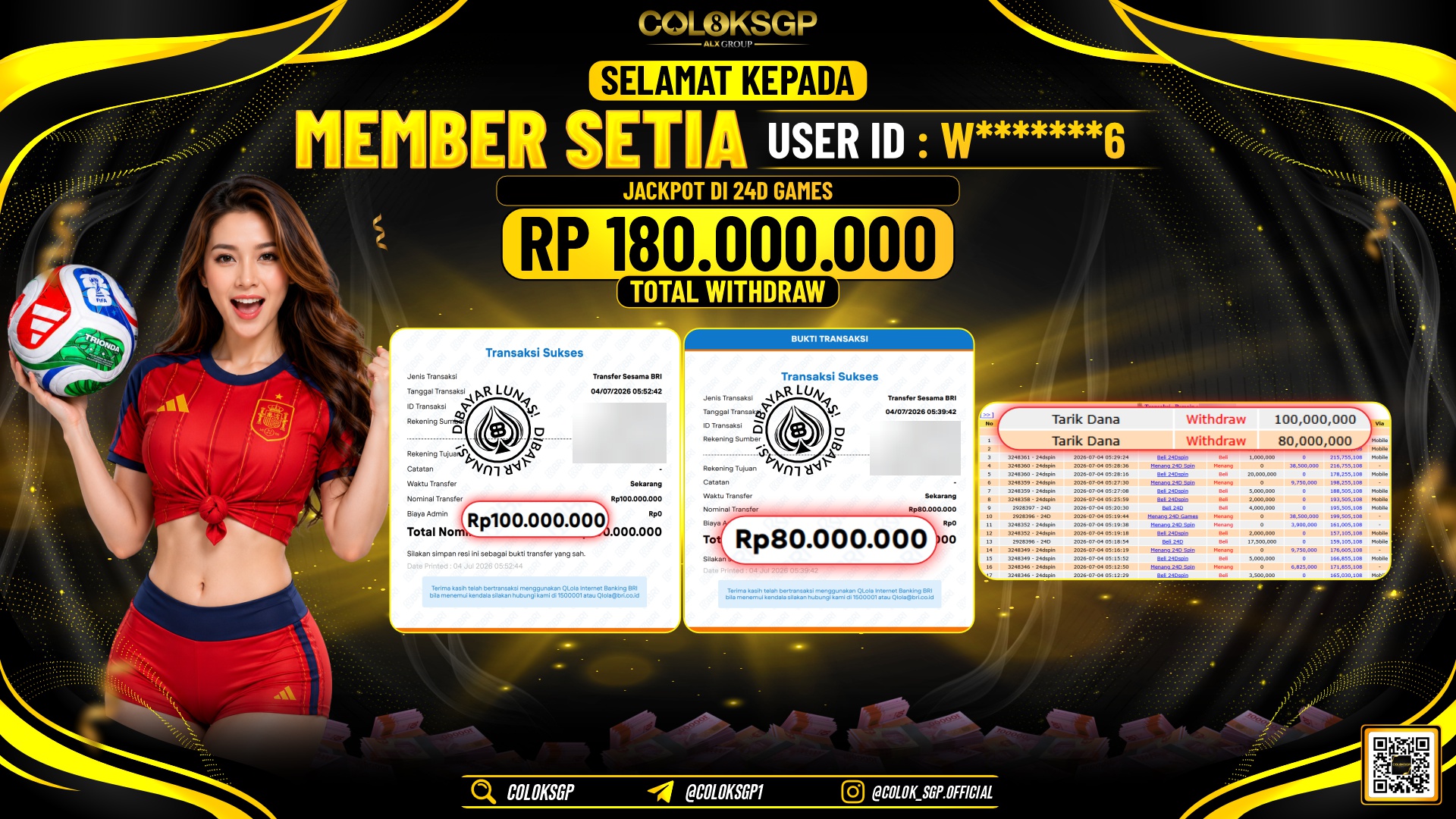 COLOKSGP JACKPOT IDNLIVE - 24D GAMES RP180.000.000,- LUNAS
