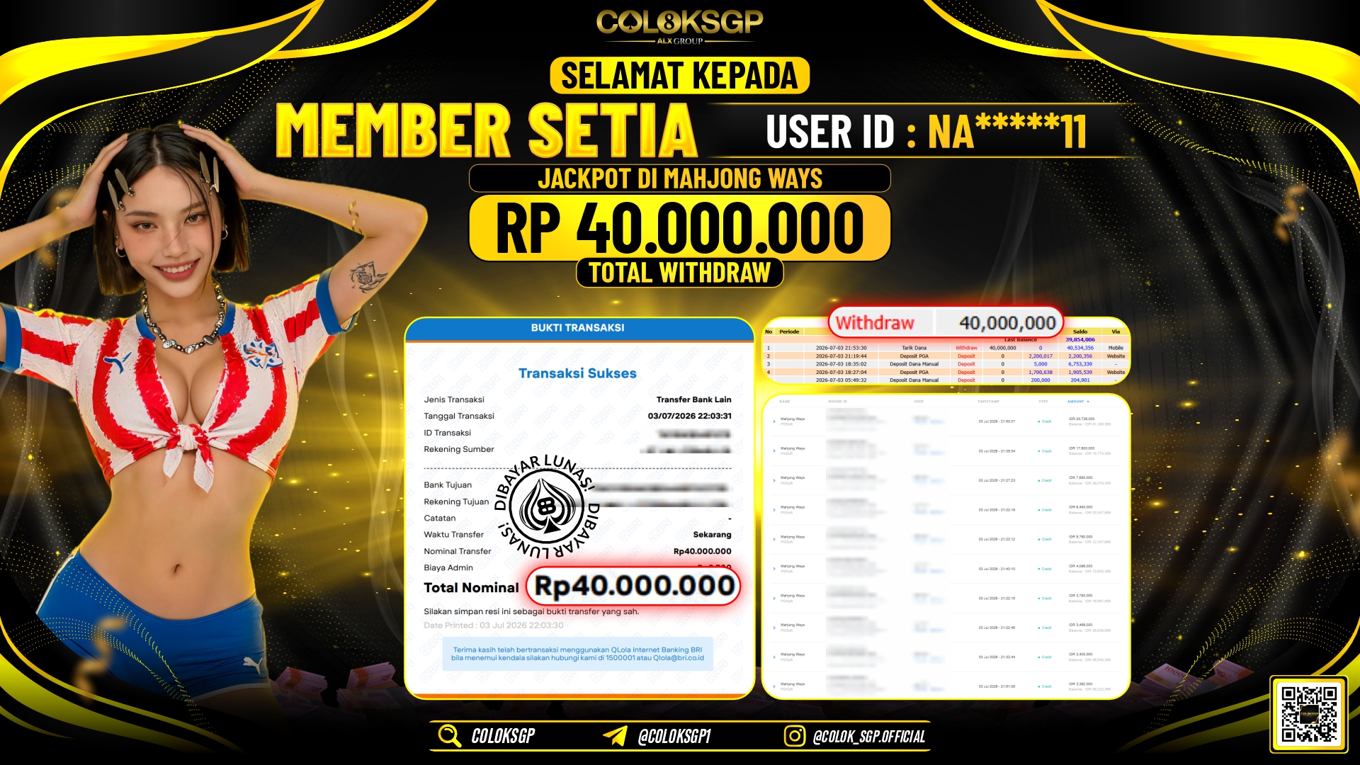 COLOKSGP JACKPOT PGSOFT - MAHJONG WAYS RP40.000.000,- LUNAS