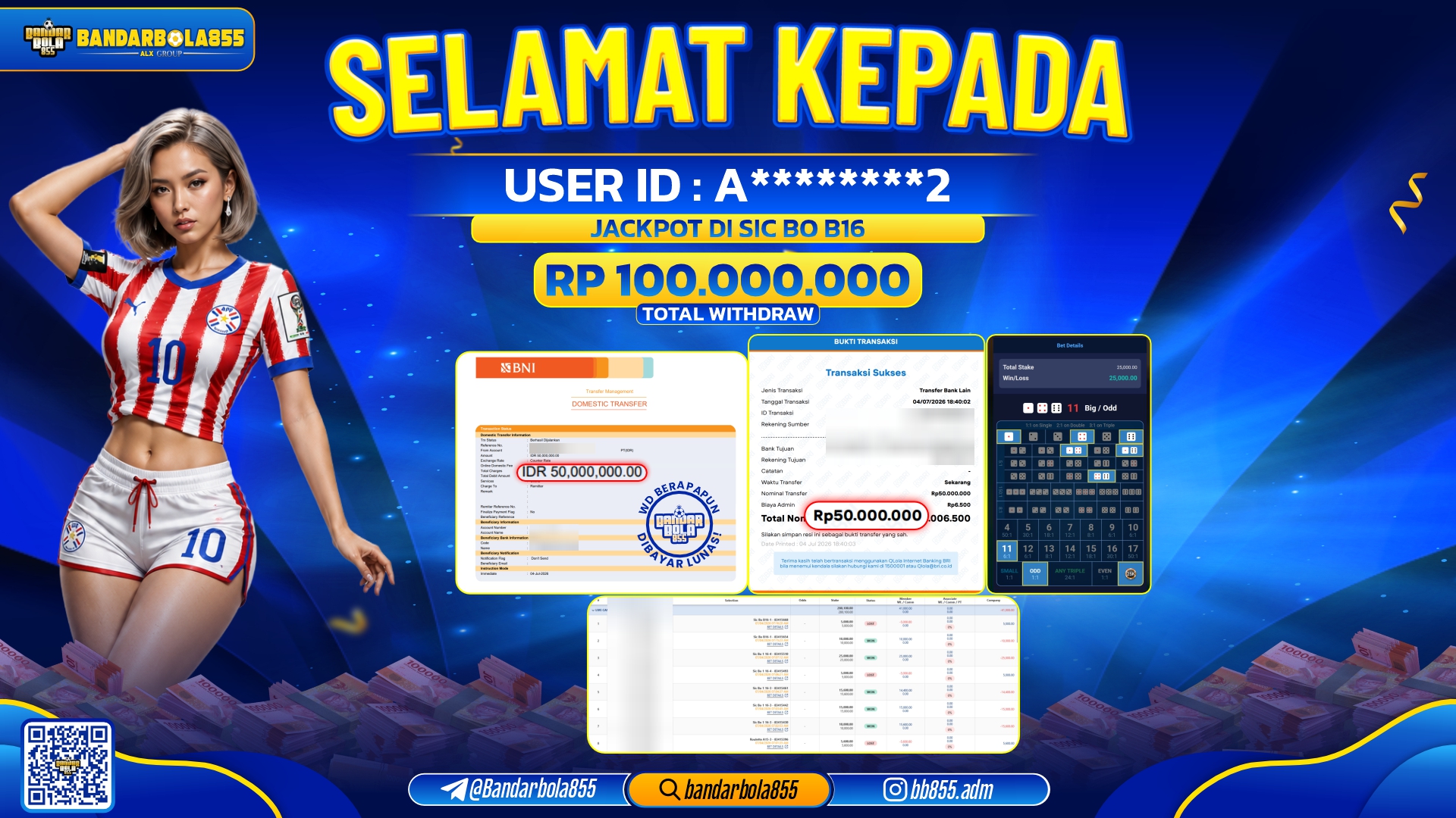 JACKPOT BANDARBOLA855 DI SIC BO B16 Rp100.000.000, - LUNAS🎖
