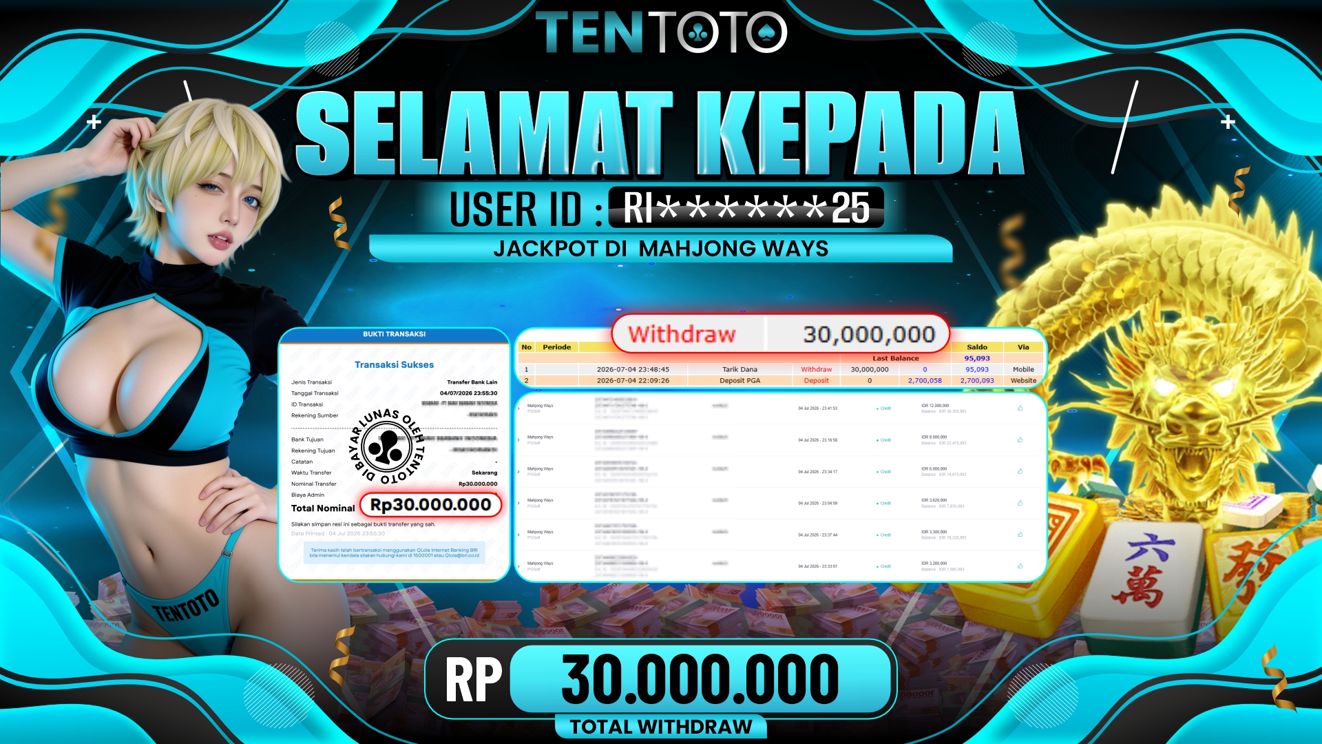 TENTOTO Mahjong Ways Rp. 30.000.000,- LUNAS