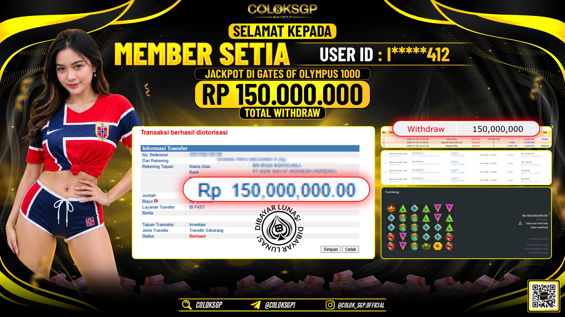 COLOKSGP JACKPOT PRAGMATIC PLAY - GATES OF OLYMPUS 1000 RP150.000.000,- LUNAS