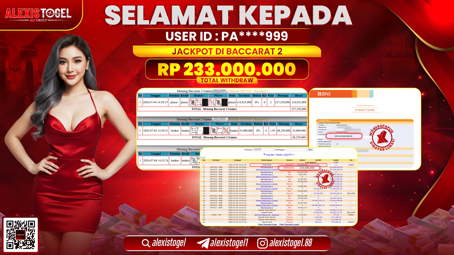 ALEXISTOGEL JACKPOT DI BACCARAT 2 RP.233.000.000,- LUNAS