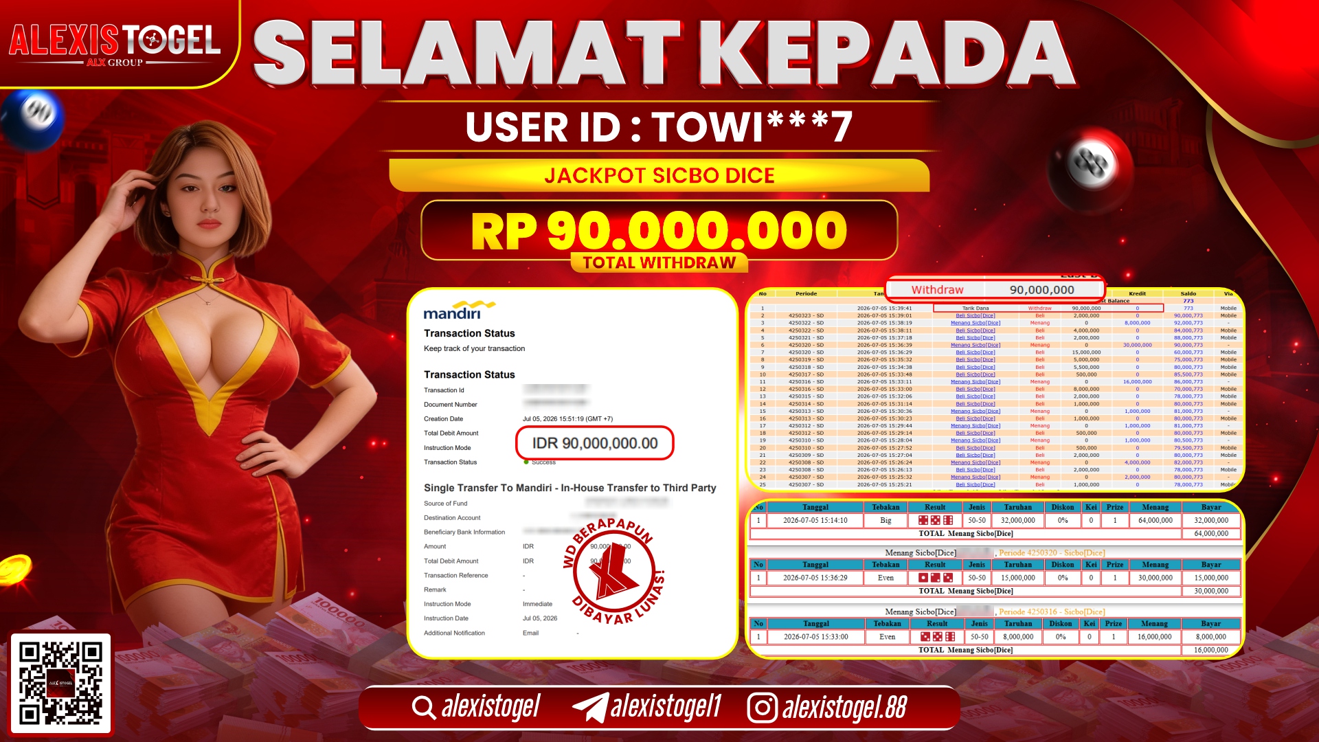 ALEXISTOGEL JACKPOT DI SICBO DICE RP.90.000.000,- LUNAS